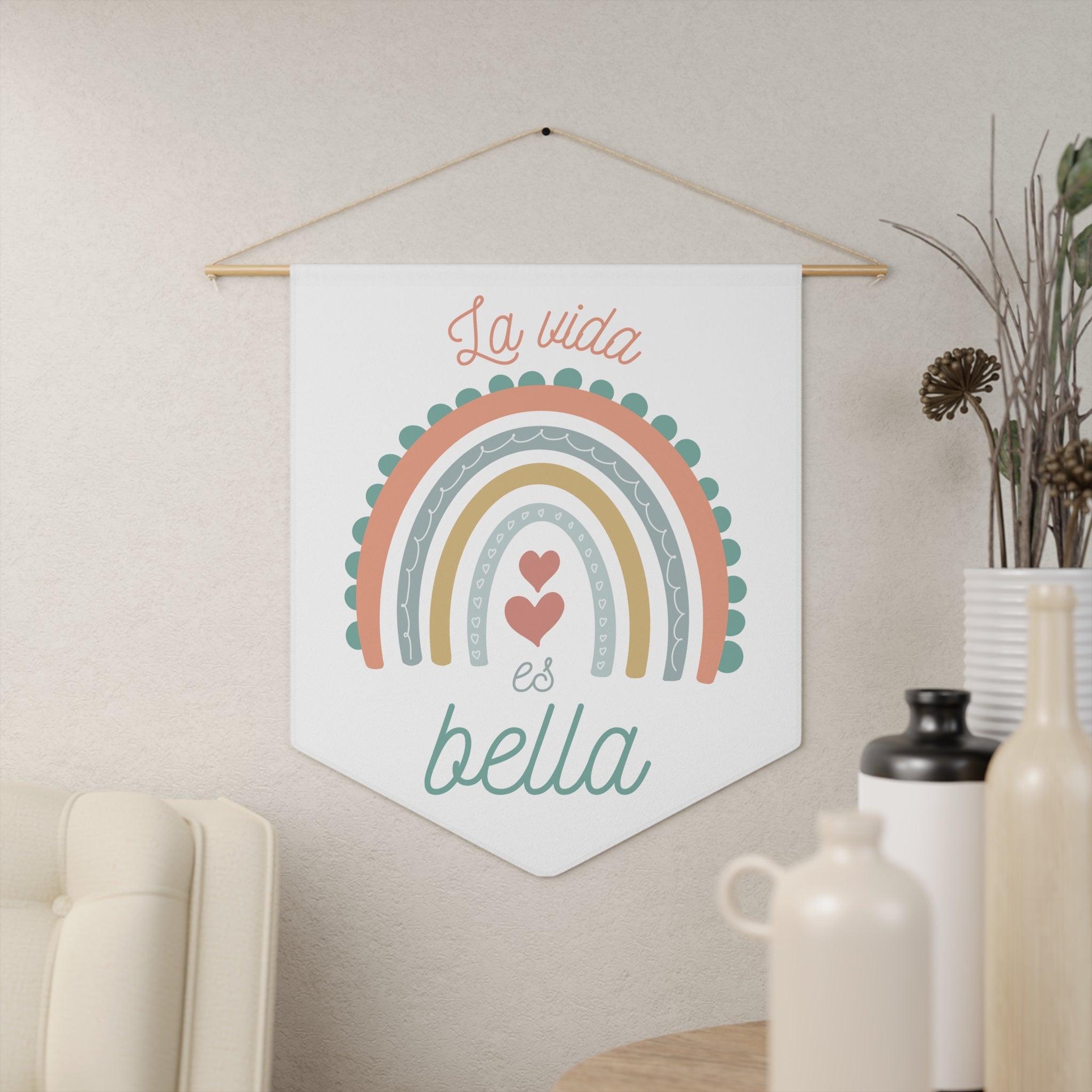 La vida es bella Spanish Rainbow Pennant Wall Art, Positive Affirmation Decor, Children's Room Wall Hanging, Gift for Spanish speakers