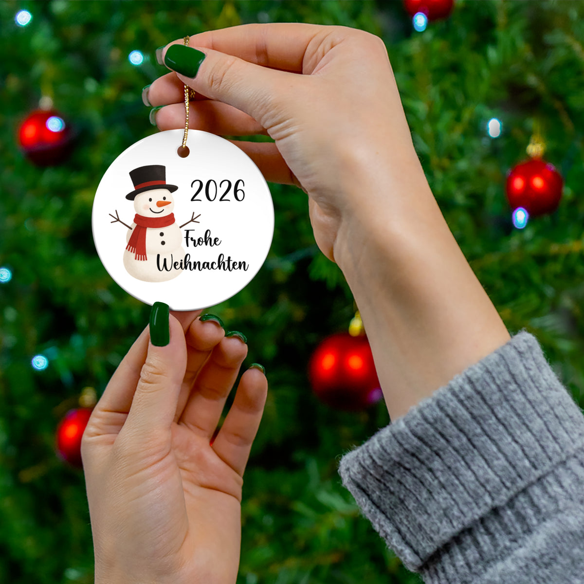 2026 Frohe Weihnachten German Snowman Ceramic Ornament in circle, star, heart, or snowflake