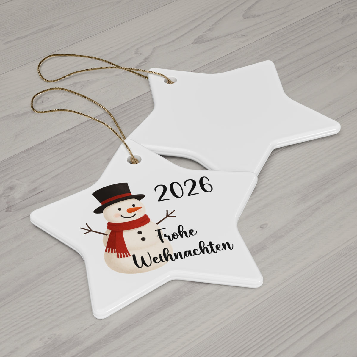 2026 Frohe Weihnachten German Snowman Ceramic Ornament in circle, star, heart, or snowflake