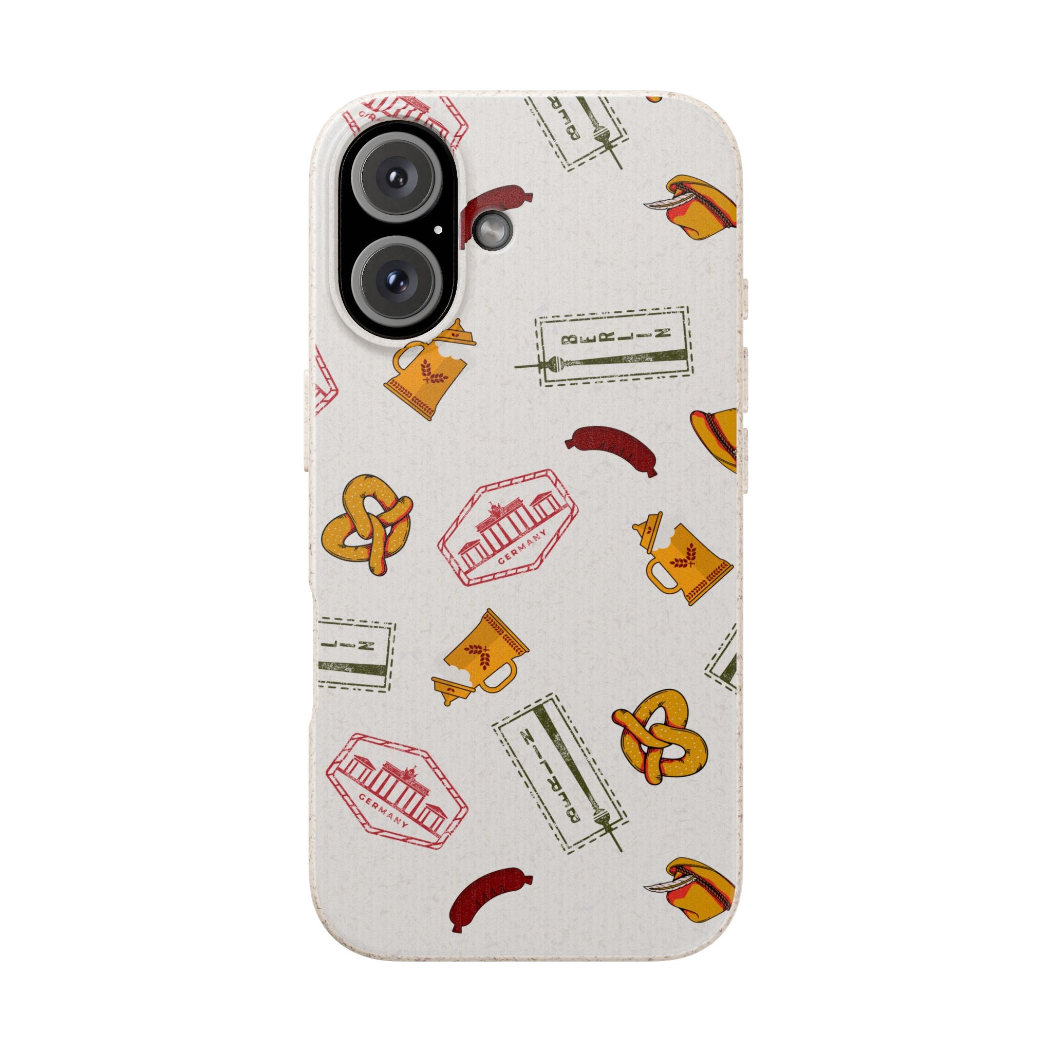Biodegradable Phone Case with German goodies (Bavarian Pretzels, Beer Steins, hats, Fernsehturm tower & Berlin Stamps)