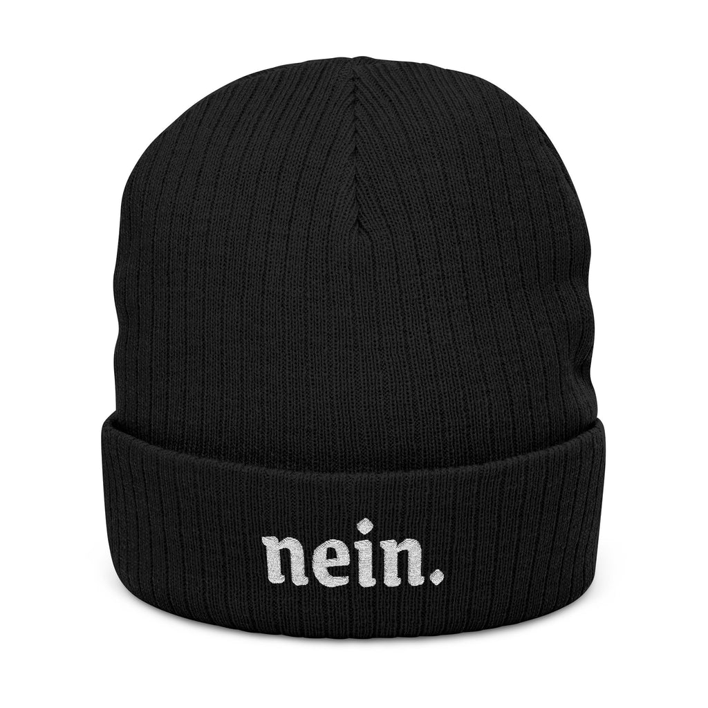 Nein Embroidered Ribbed Beanie — Cozy Black Knit Winter Hat
