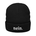 Nein Embroidered Ribbed Beanie — Cozy Black Knit Winter Hat