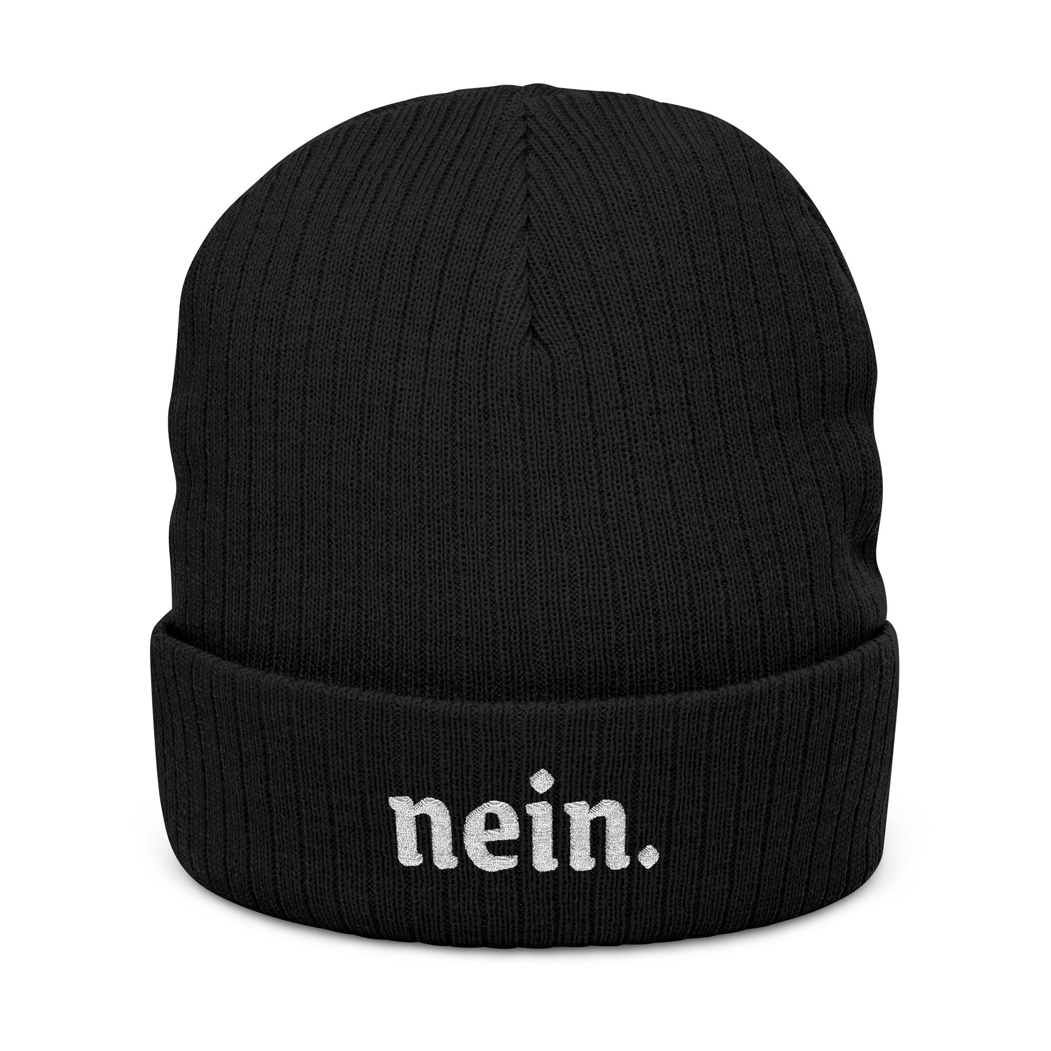 Nein Embroidered Ribbed Beanie — Cozy Black Knit Winter Hat