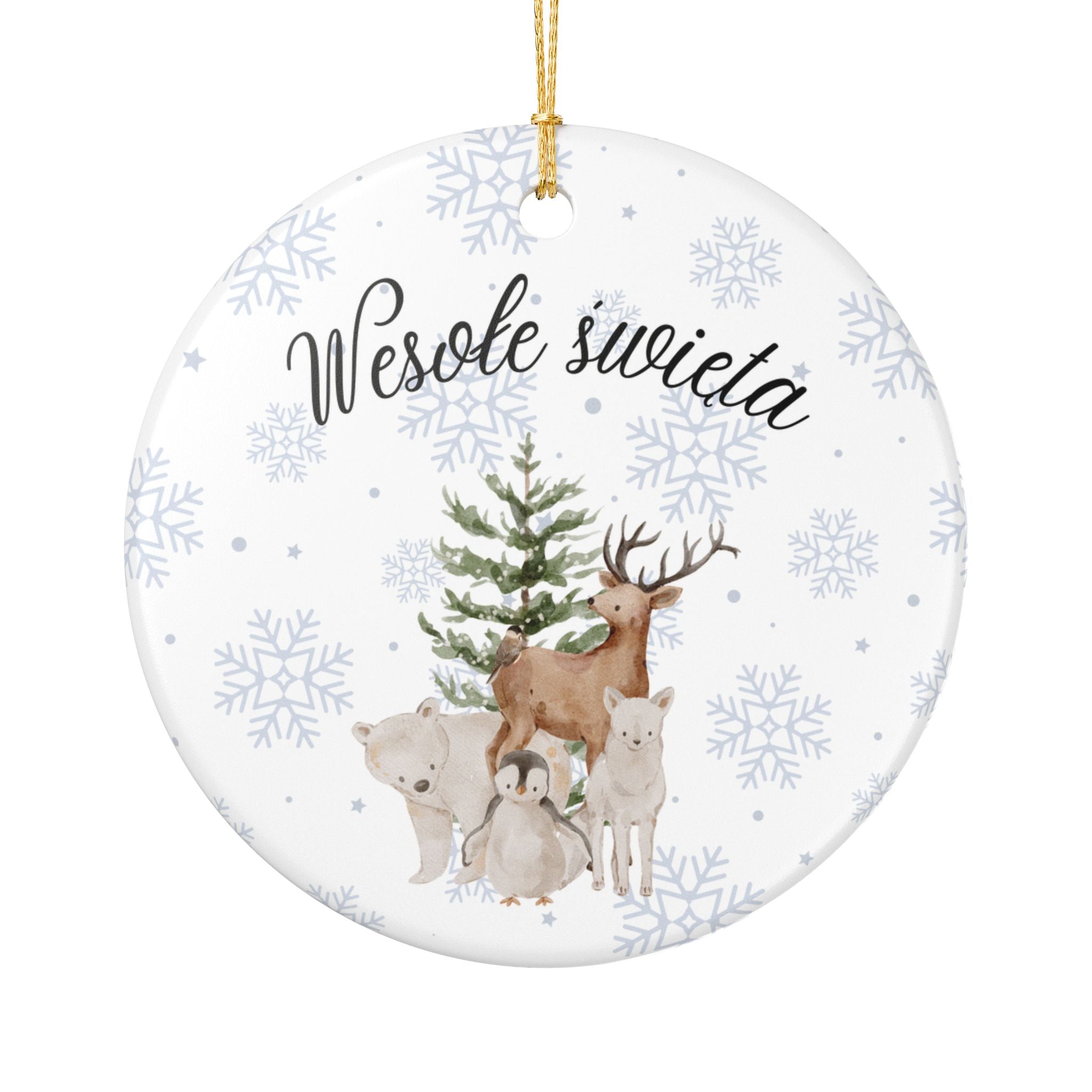 Wesole Swieta Woodland Animals Ornament, Polish Merry Christmas Ceramic Christmas Decoration