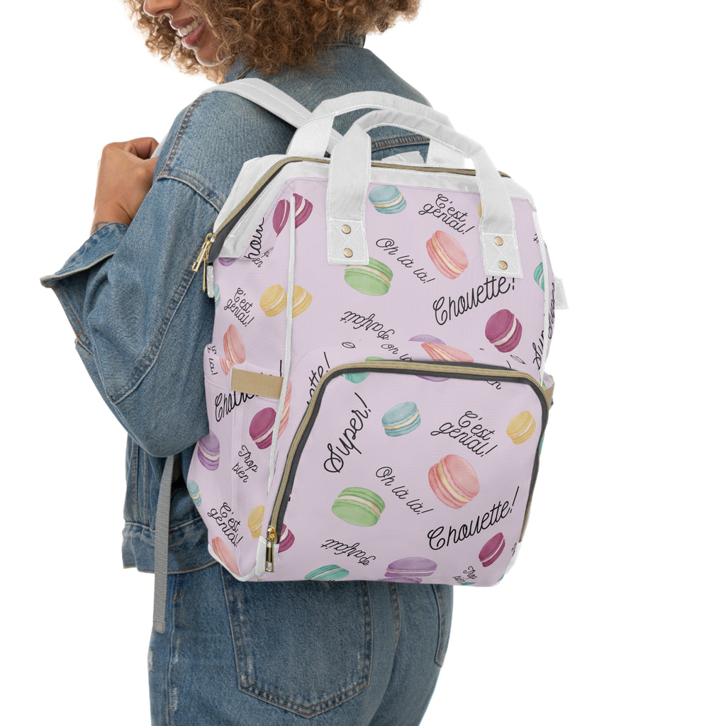 Pastel French Macarons Print Diaper Backpack with French phrases, Cute Pastel Baby Bag for New Parents