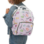 Pastel French Macarons Print Diaper Backpack with French phrases, Cute Pastel Baby Bag for New Parents