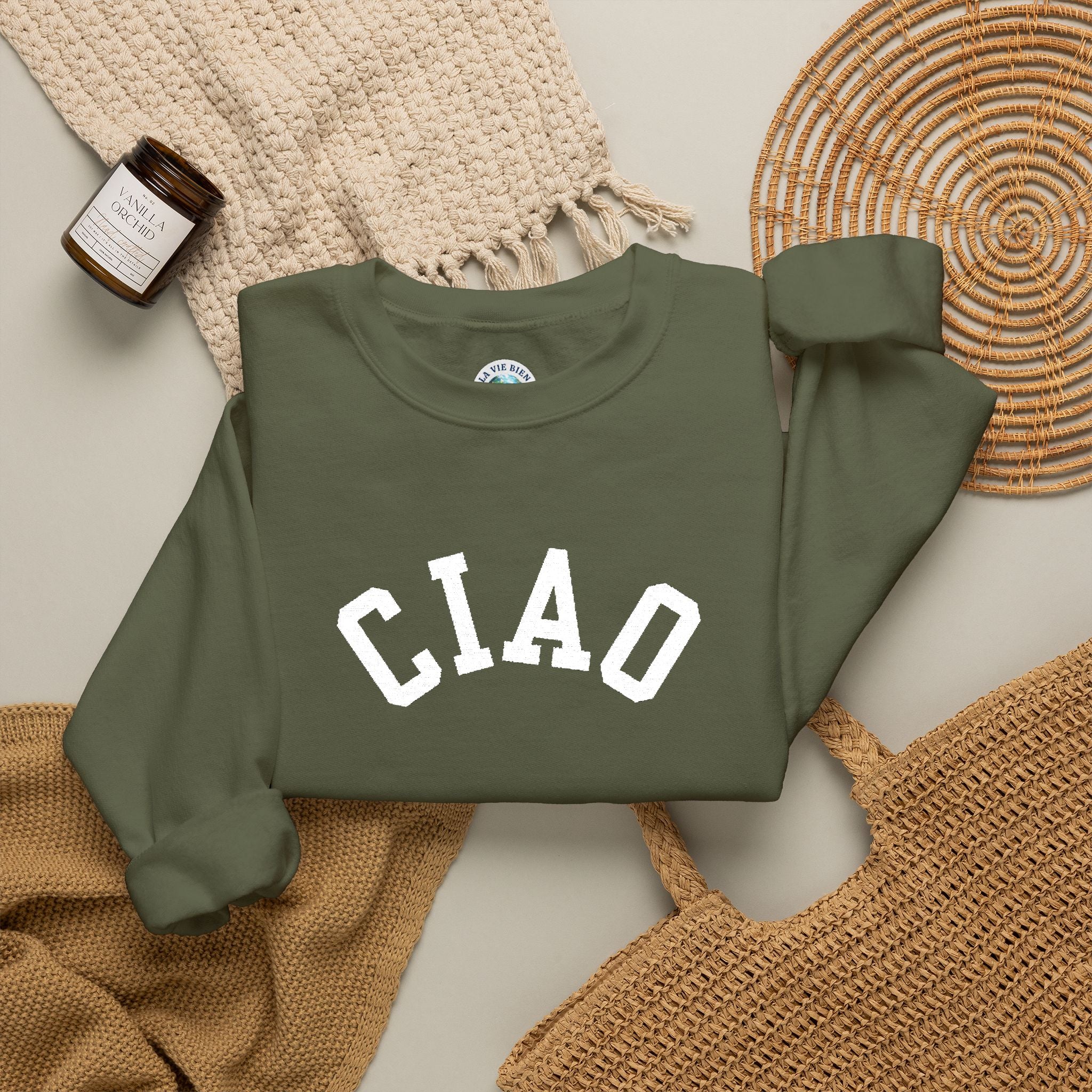 Ciao embroidered Italian Crewneck Sweatshirt, Italian Greeting Graphic Pullover