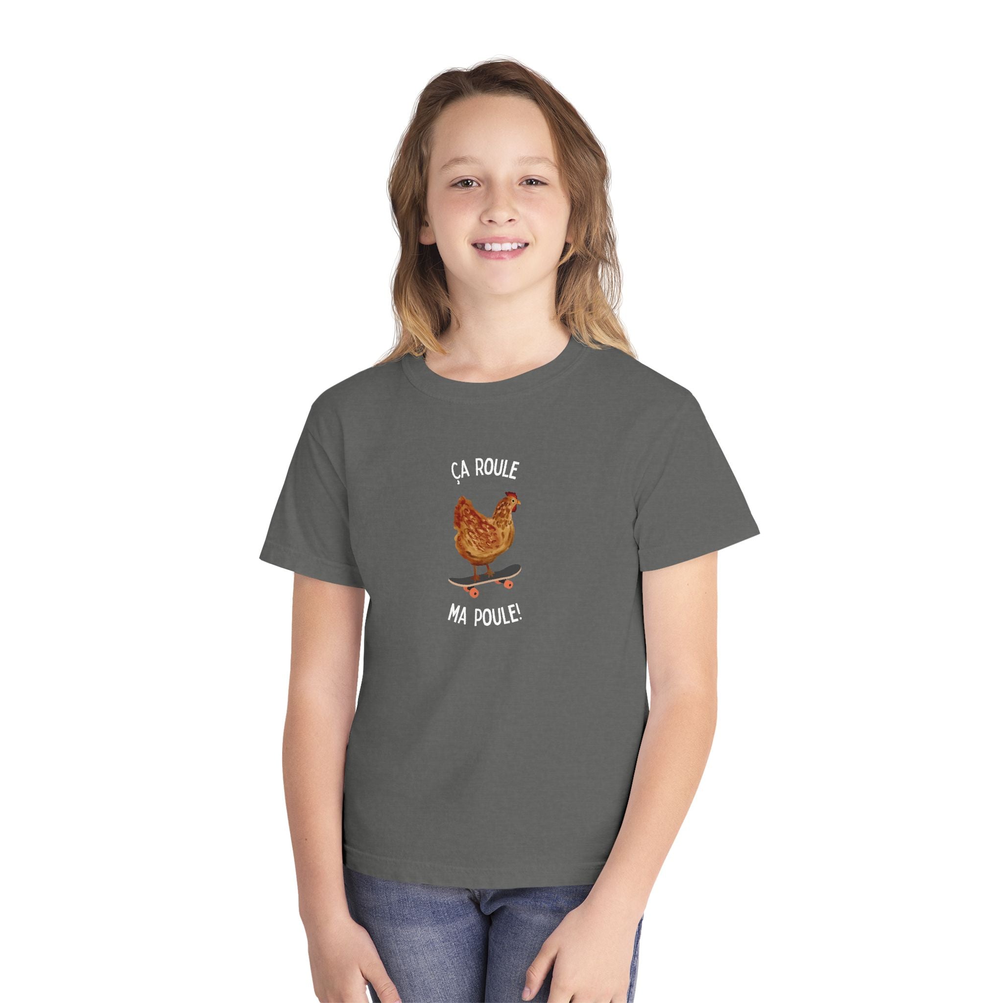Kids funny French tee "Ça Roule Ma Poule", Youth T-Shirt, Cute Farm Animal Design