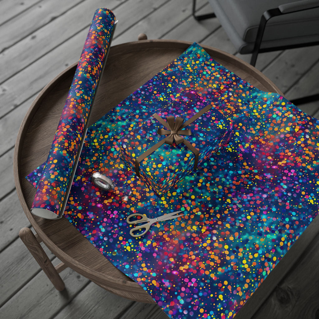 Bespattered Facade Party Time Rainbow Confetti Dots Wrapping Paper | Three Sizes | Glossy or Matte