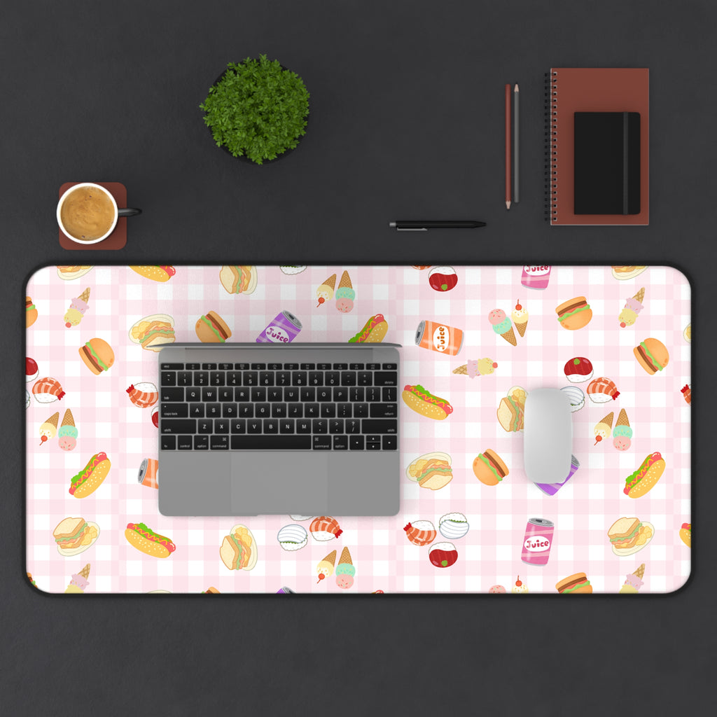 Pink gingham Foodie Picnic Snacks Desk Mat, Cute Food Pattern, light plaid Background