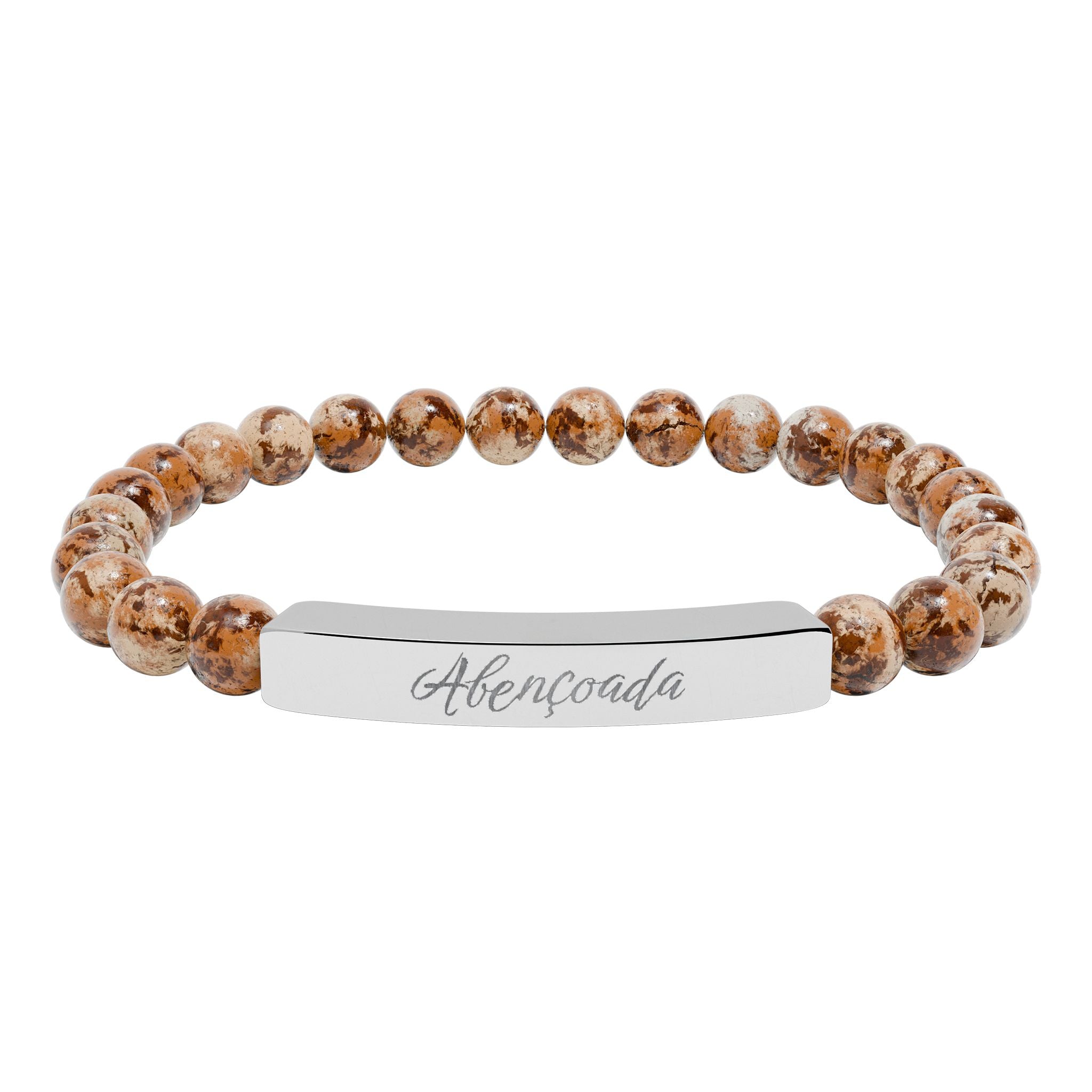 Abençoada Portuguese Blessed Engraved Natural Stone Bead Bracelet, Bar Stretch Bracelet