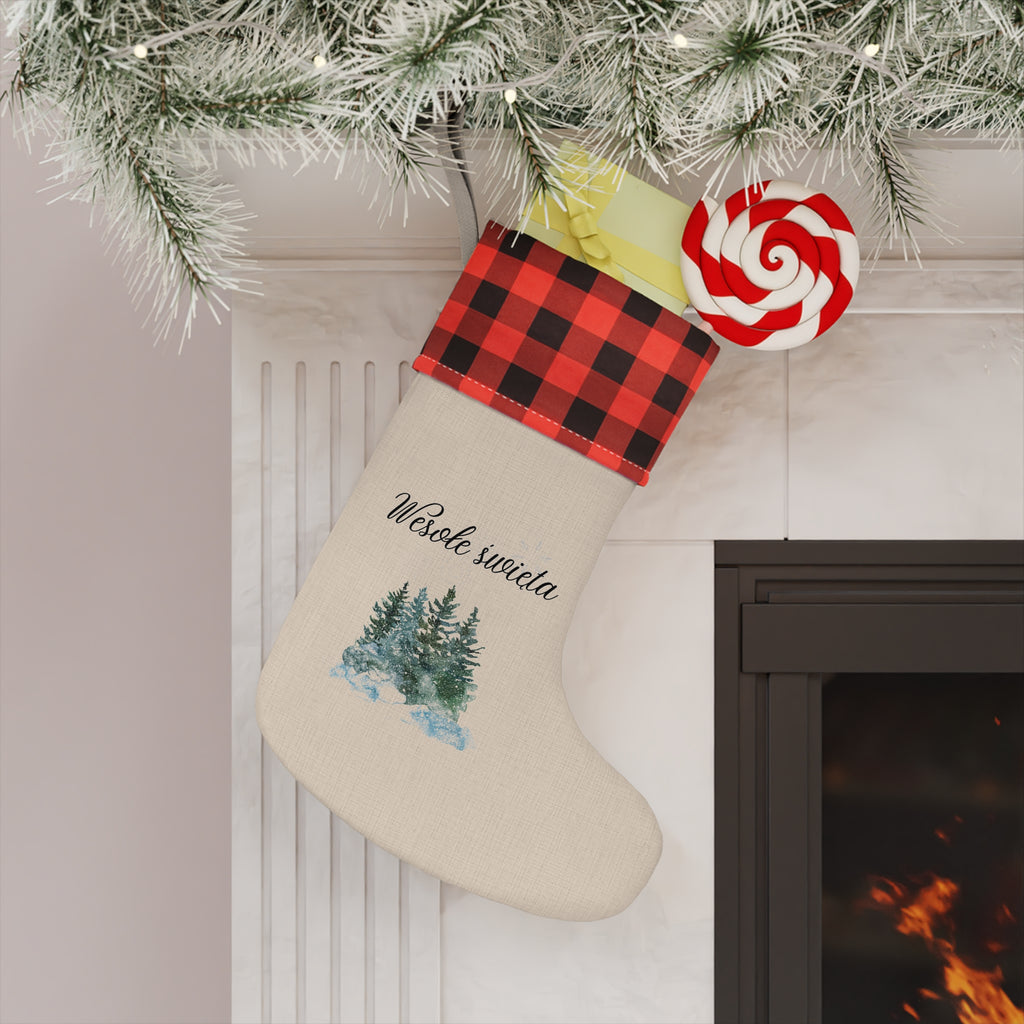 Wesołe święta Polish Merry Christmas pine trees Christmas Stocking, buffalo plaid cuff, beige fabric