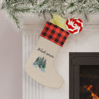 Wesołe święta Polish Merry Christmas pine trees Christmas Stocking, buffalo plaid cuff, beige fabric by Printify