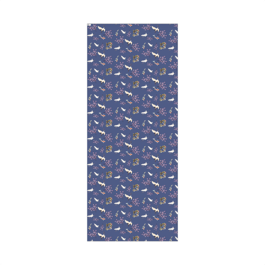 Elegant Koi Fish Cherry Blossom Gift Wrap, indigo Blue Wrapping Paper, Crane Pattern