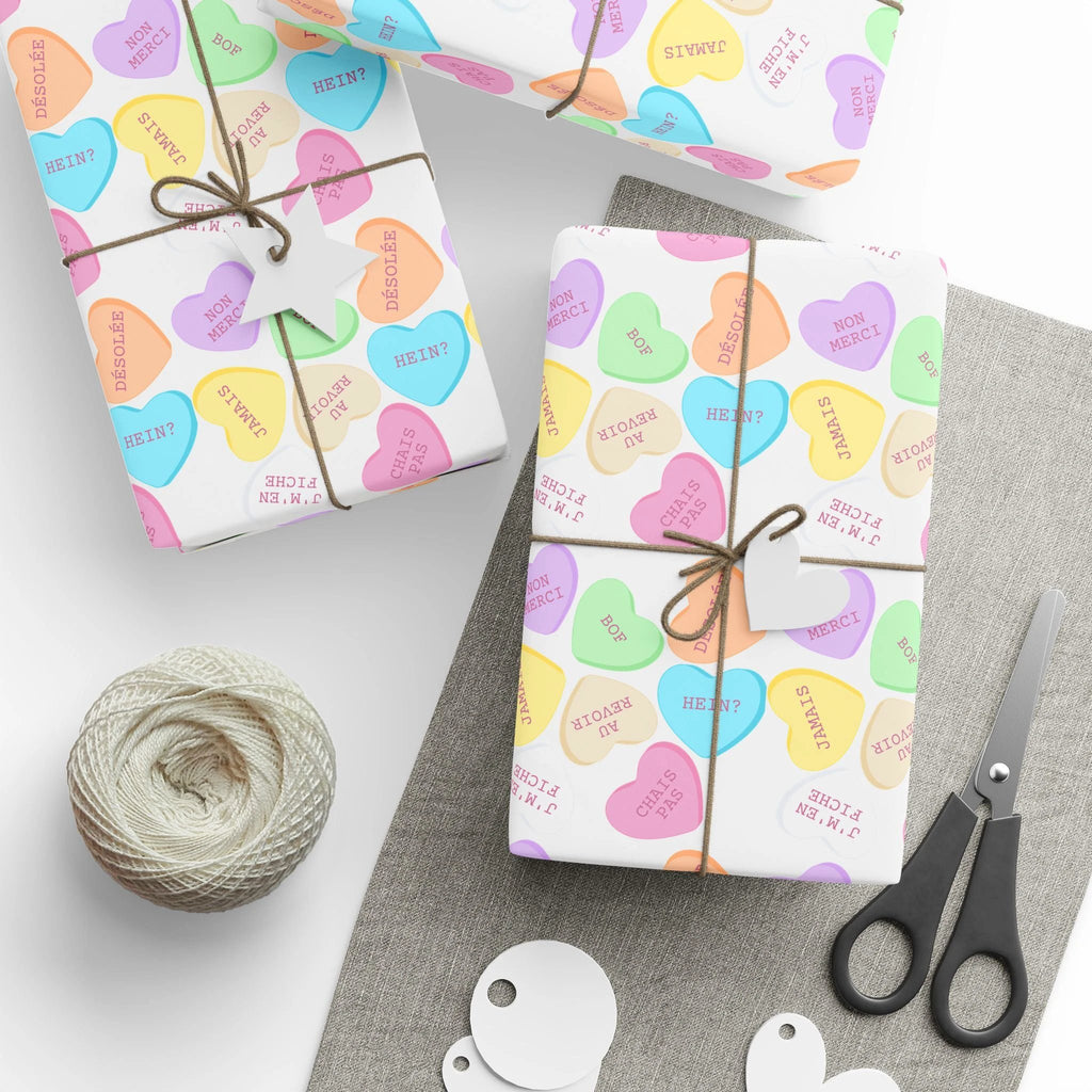 Sassy French Conversation candy Heart Wrapping Paper, Pastel Valentine Gift Wrap by Printify