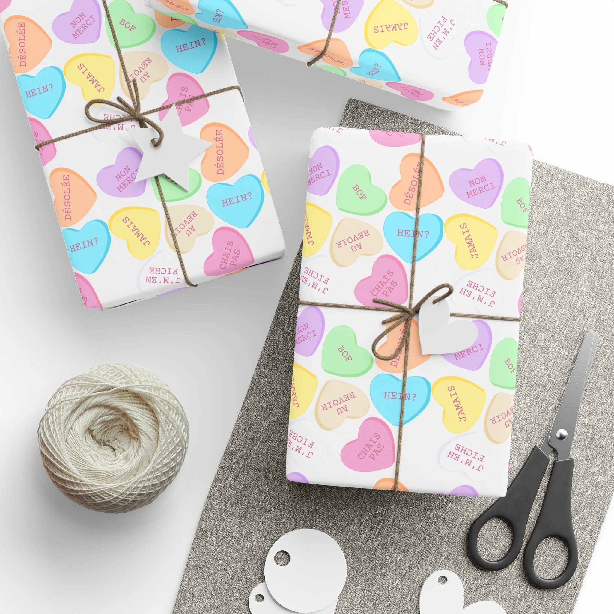 Sassy French Conversation candy Heart Wrapping Paper, Pastel Valentine Gift Wrap by Printify