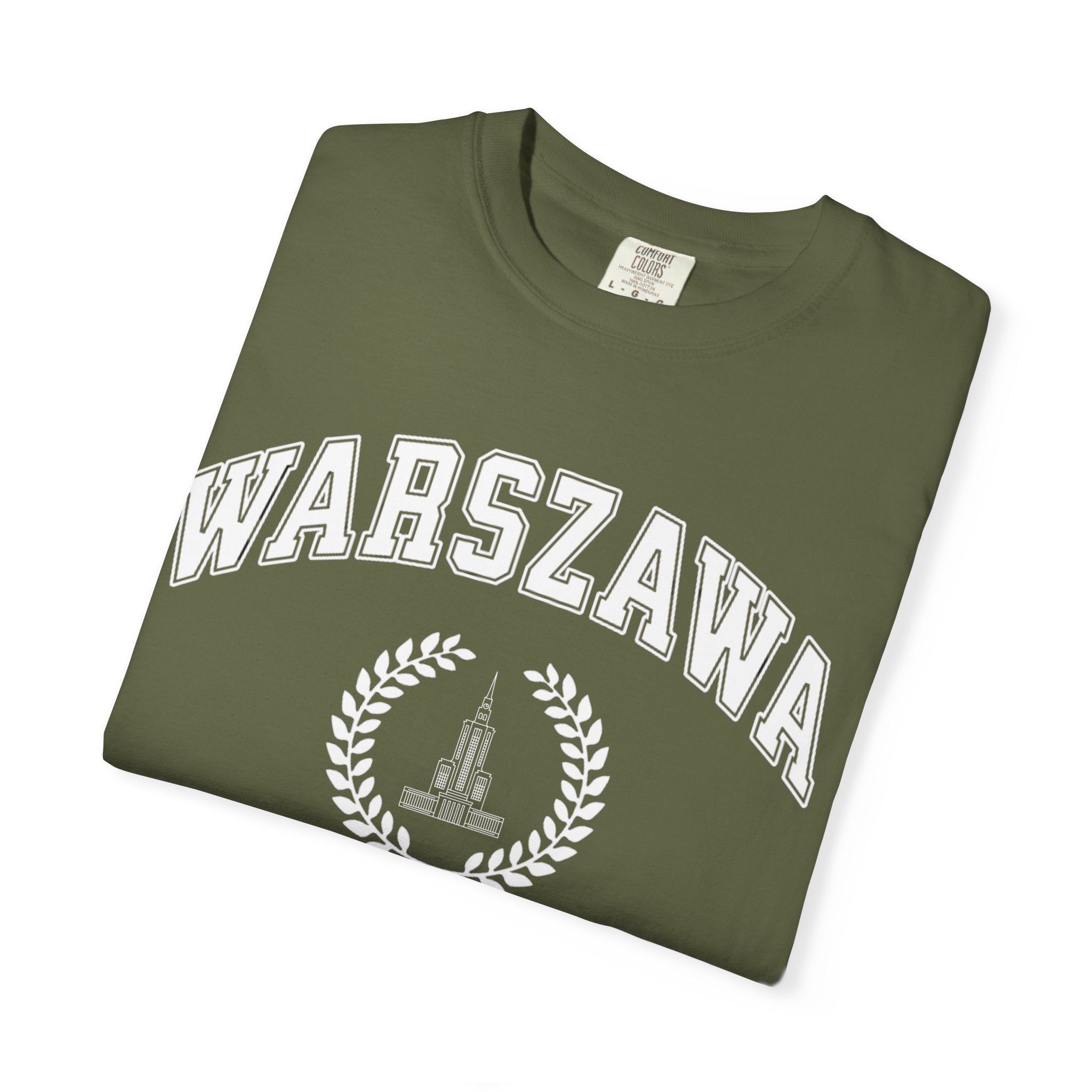 Warszawa Vintage Tee — Warsaw City Crest T-Shirt with Palace of Culture and Science graphic