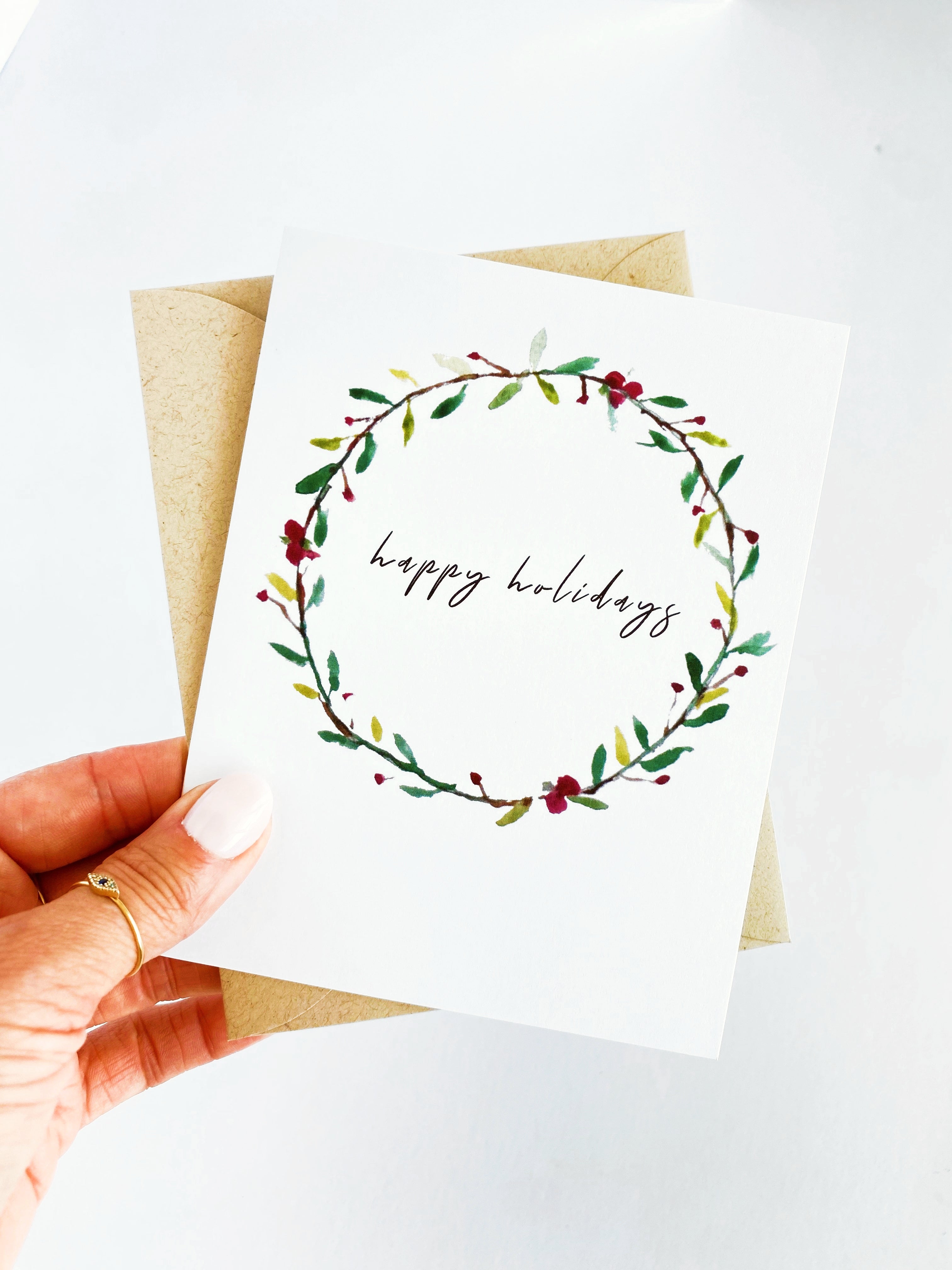 Happy Holidays Wreath Card Box Set, Simple Watercolor Wreath Card