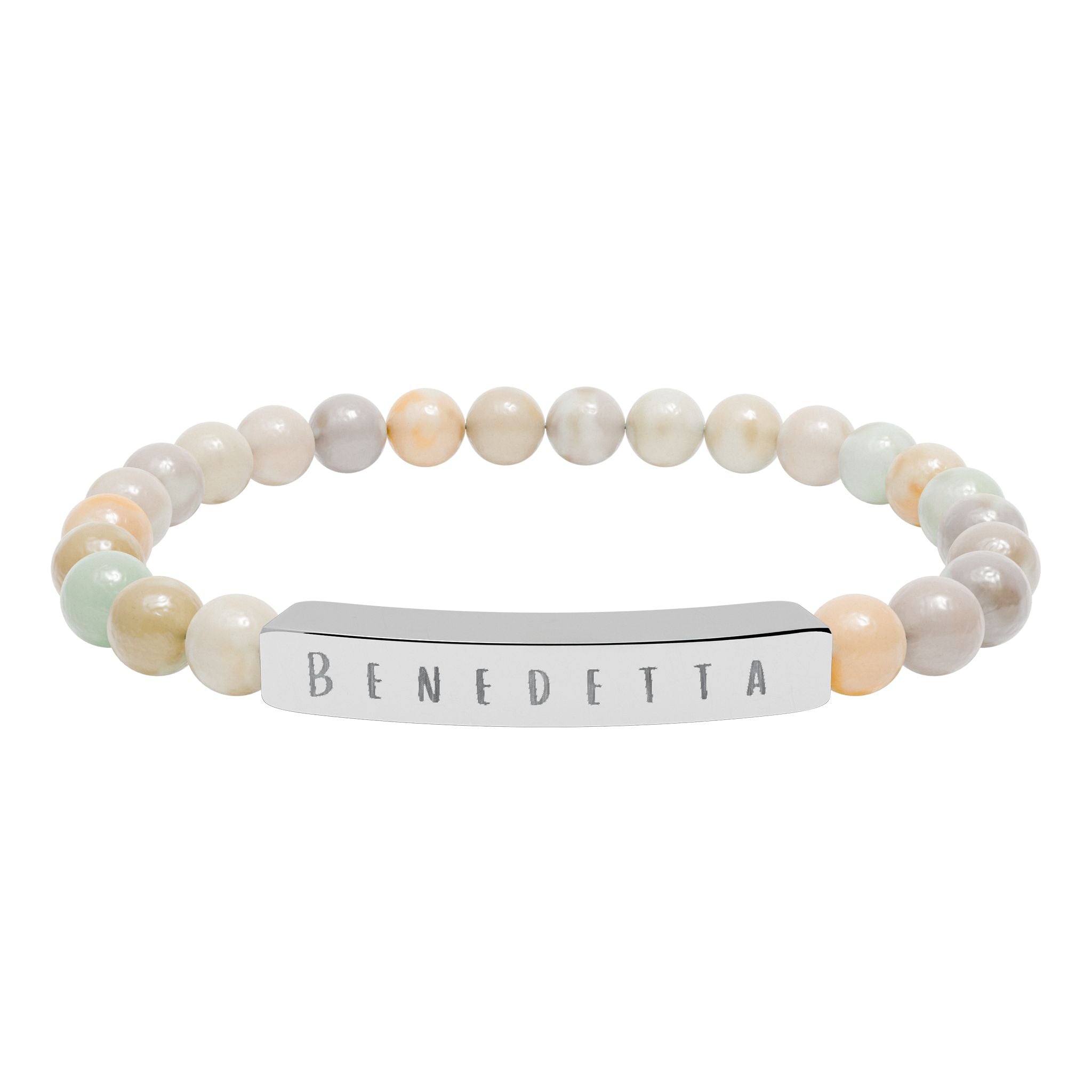 Benedetta (Blessed) Engraved Natural Stone Stretch Bar Bracelet — Italian Beaded Bracelet