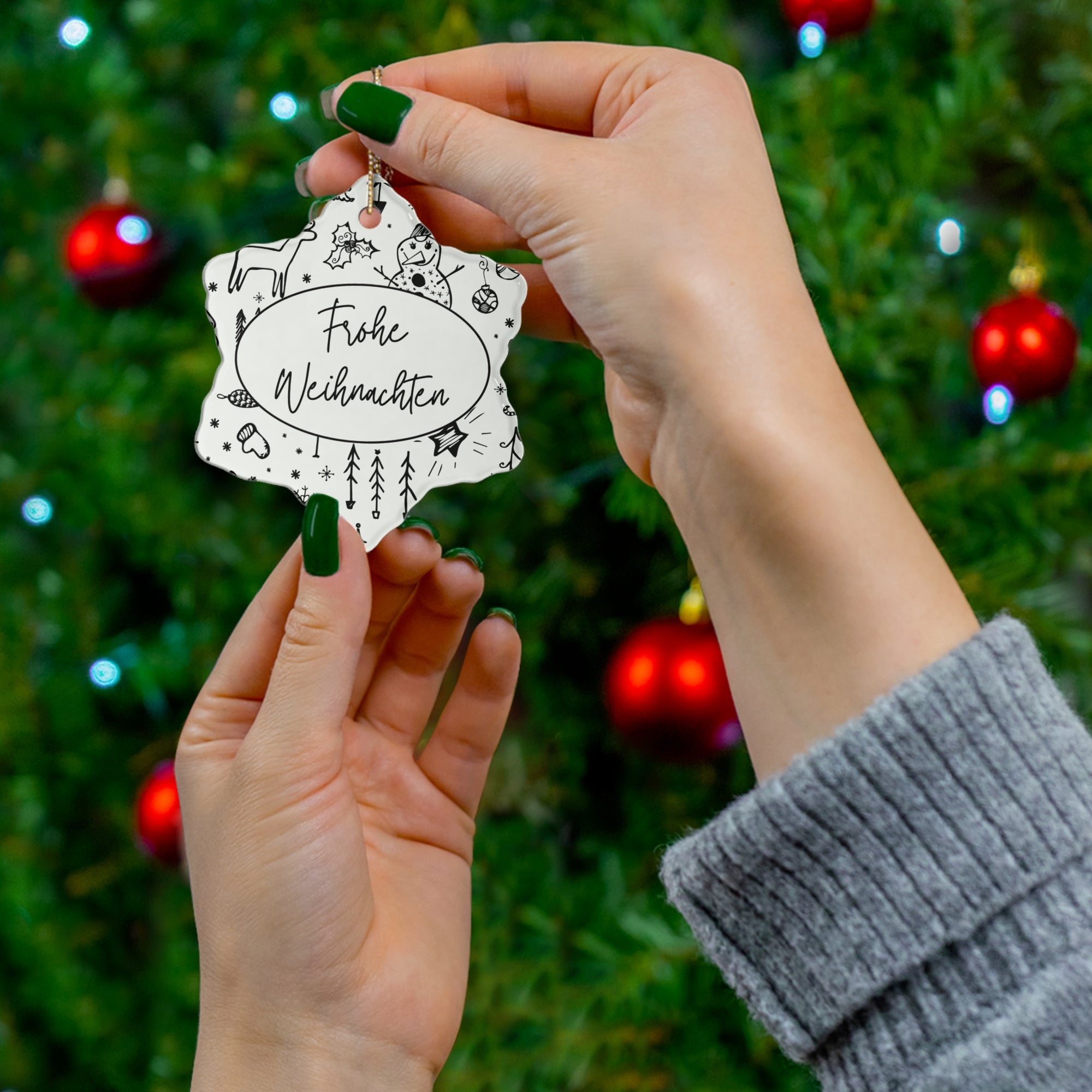 Frohe Weihnachten Ceramic Ornament, German "Merry Christmas"