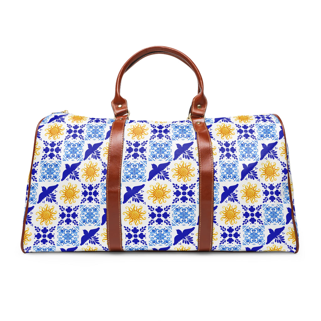 Talavera Sol Tile Print Waterproof Travel Bag, Duffle with Sun and Bird Pattern