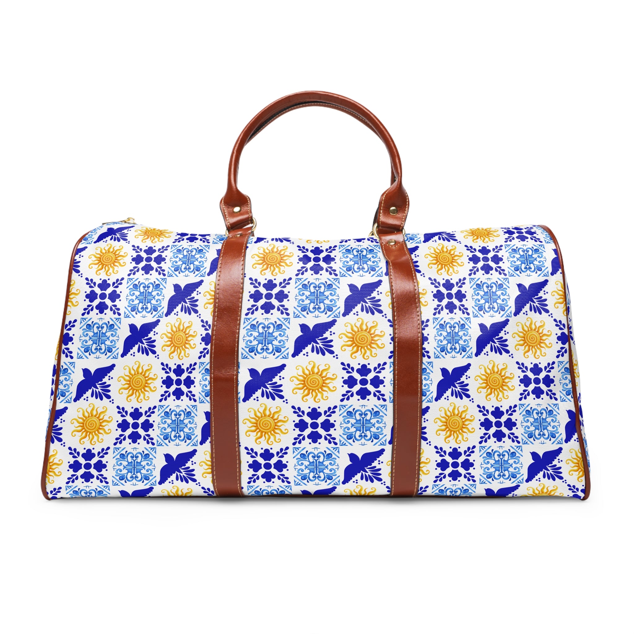 Talavera Sol Tile Print Waterproof Travel Bag, Duffle with Sun and Bird Pattern