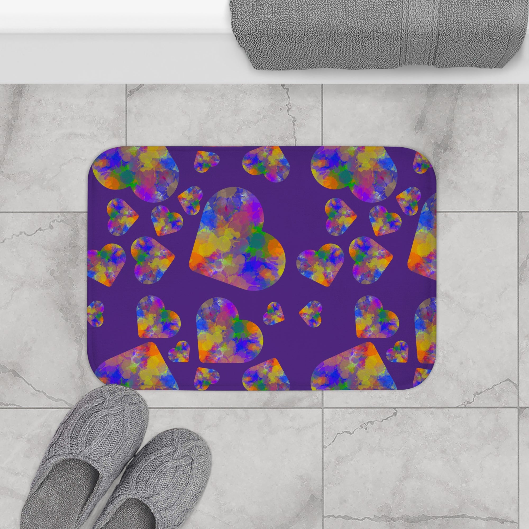 Purple paint splatter rainbow Hearts Bath Mat
