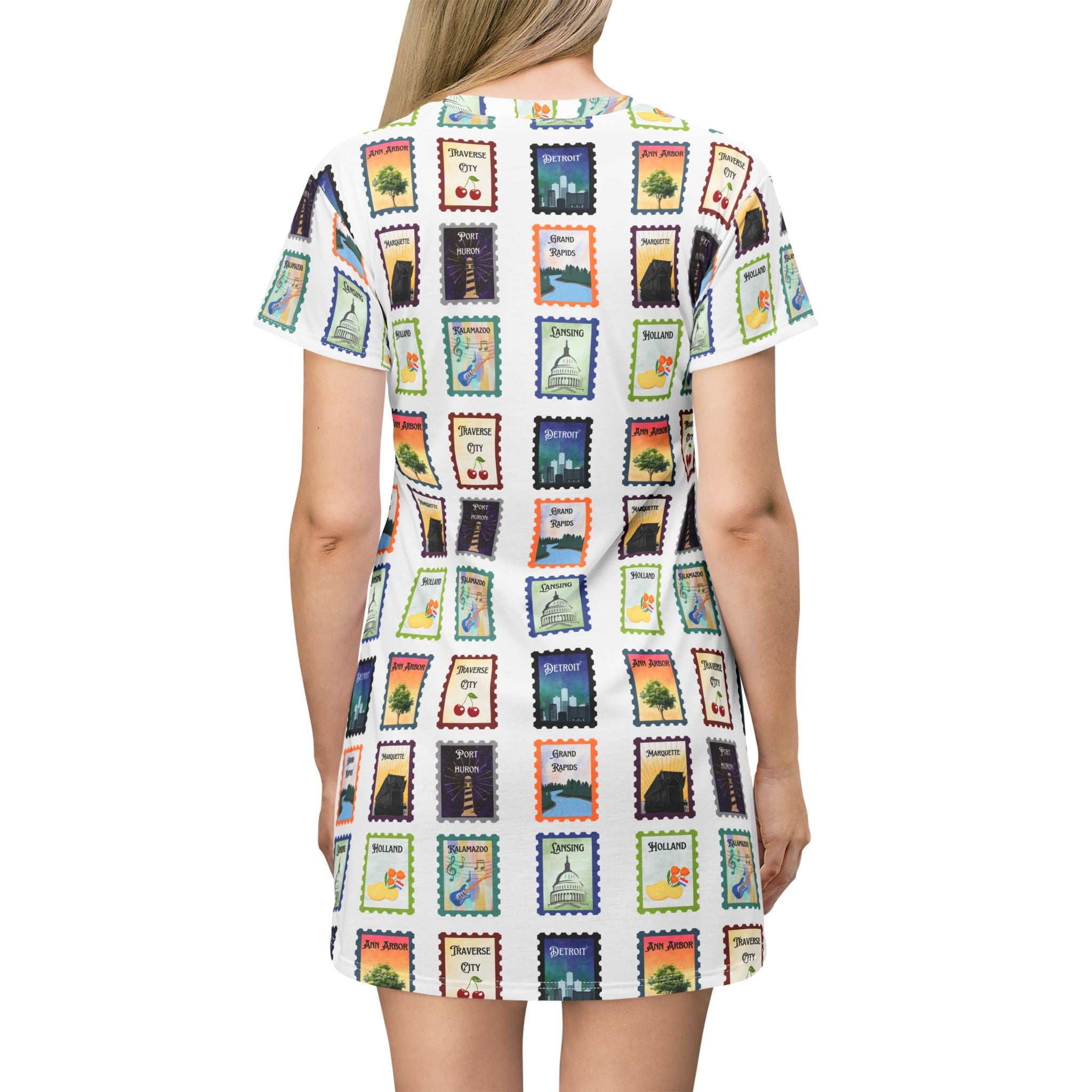 Michigan Cities Postage Stamps Pattern T‑Shirt Dress — Vintage Postal Collage featuring Michigan's beloved landmarks