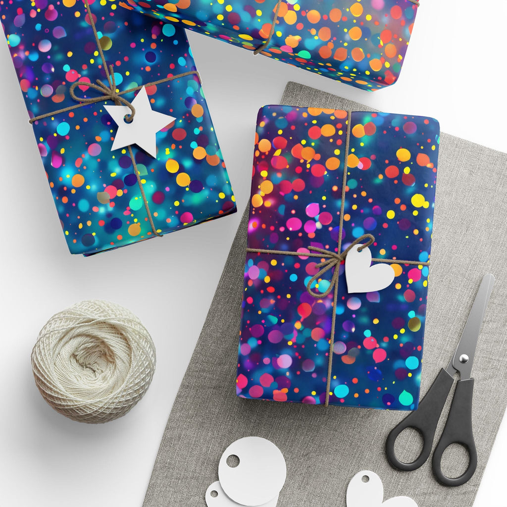 Bespattered Facade Party Time Rainbow Confetti Dots Wrapping Paper | Three Sizes | Glossy or Matte