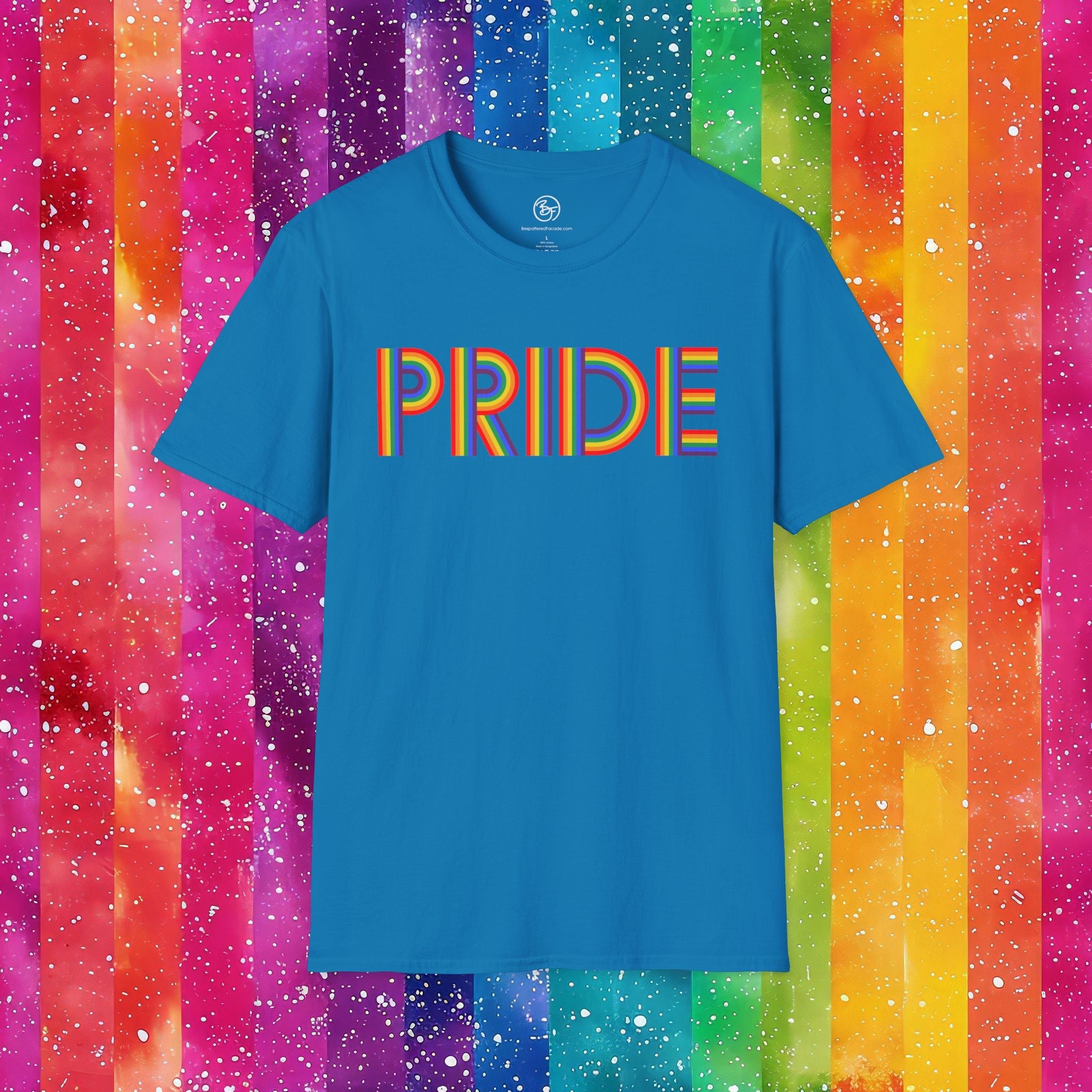 Bespattered Facade Rainbow Pride Ribbon Letters Unisex Softstyle T-Shirt