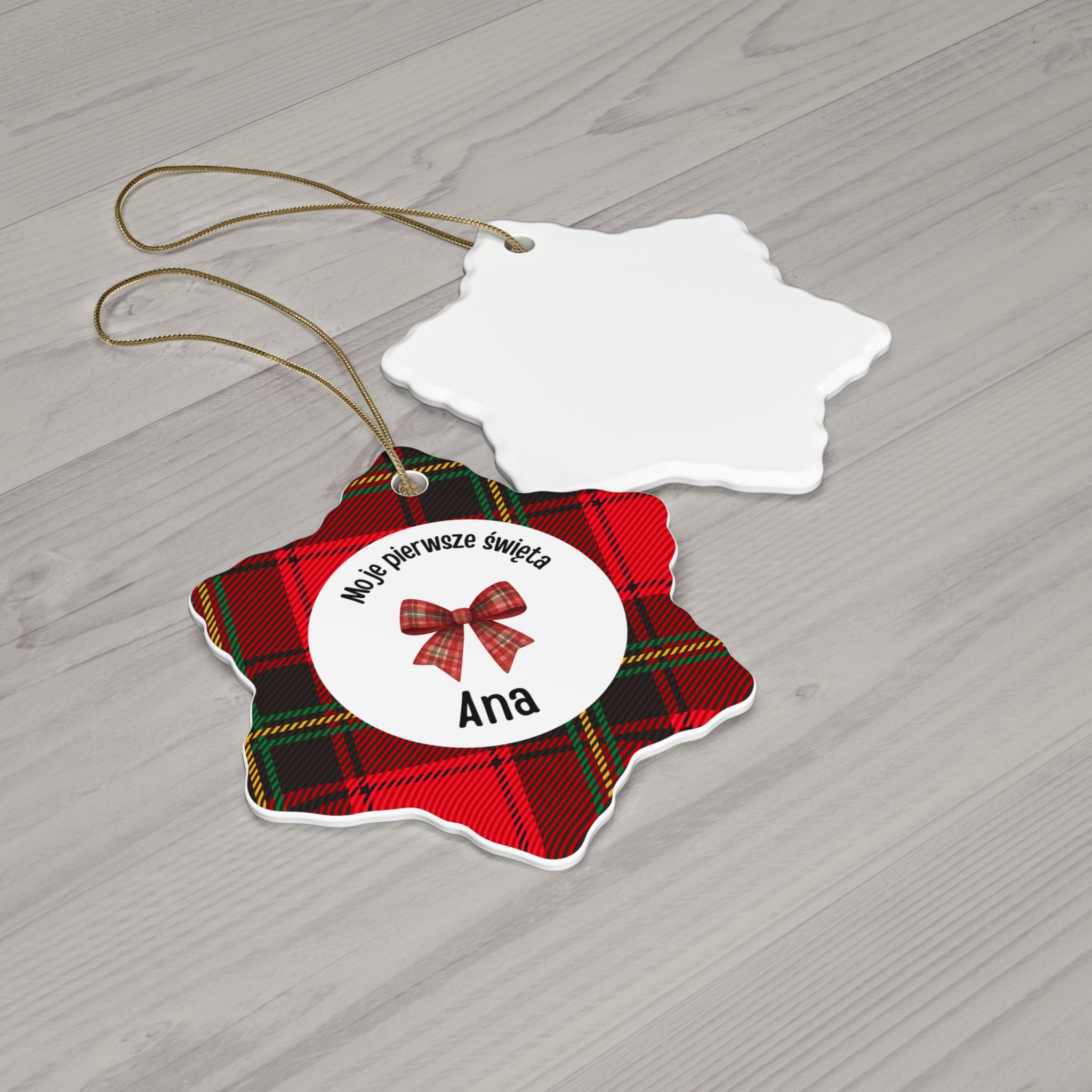 Moje pierwsze święta Polish Personalized Ceramic Ornament - Red Tartan, Baby's First Christmas
