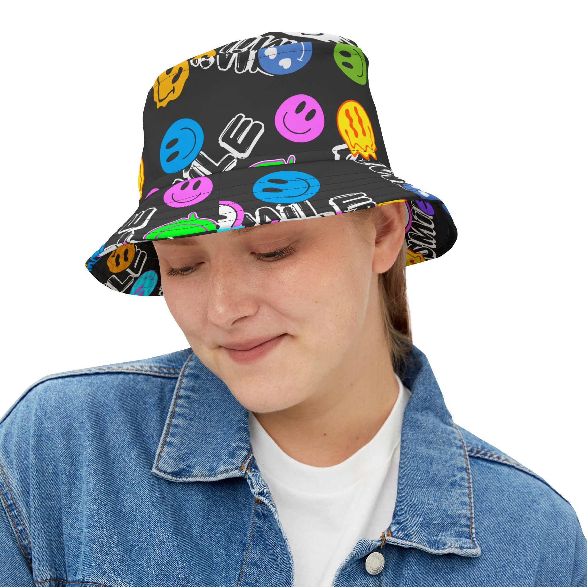 "Smile" colorful smiley face graffiti Bucket Hat