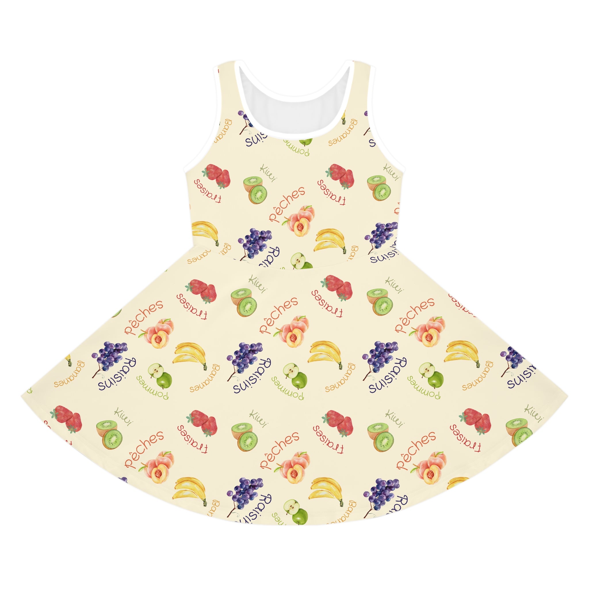 French Fruits Pattern children's Sundress, peaches kiwi bananas grapes girls sleeveless dress