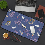 Elegant Cranes, Koi fish, and Cherry Blossom Desk Mat, Blue Floral Desk Pad