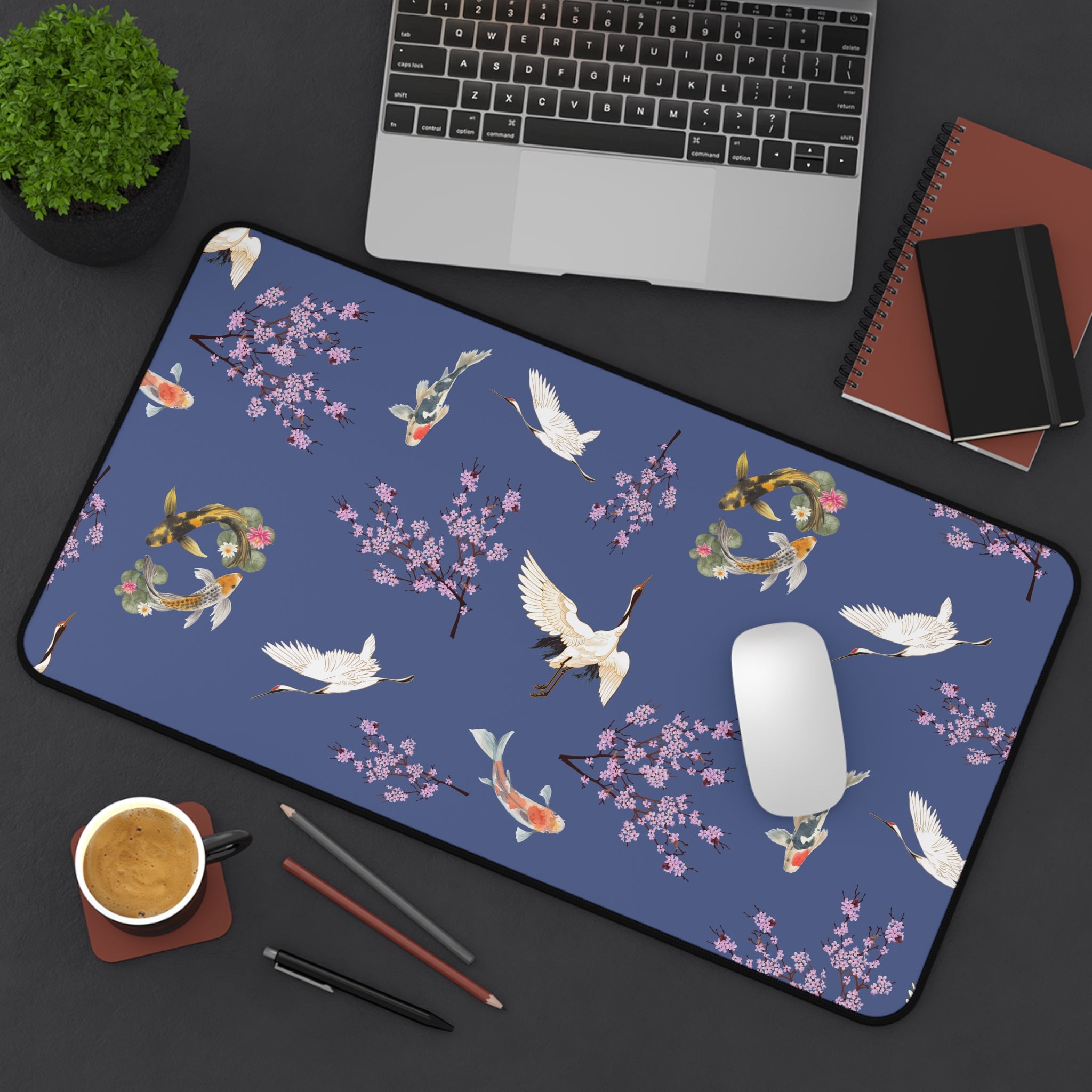 Elegant Cranes, Koi fish, and Cherry Blossom Desk Mat, Blue Floral Desk Pad
