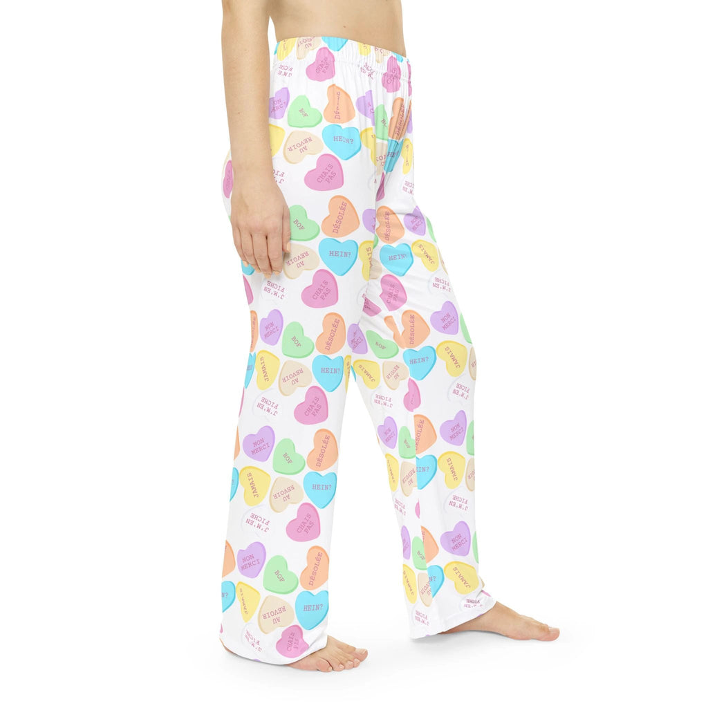 Sassy French Candy Heart Pajama Pants, Pastel Conversation Hearts Print Sleepwear by Printify