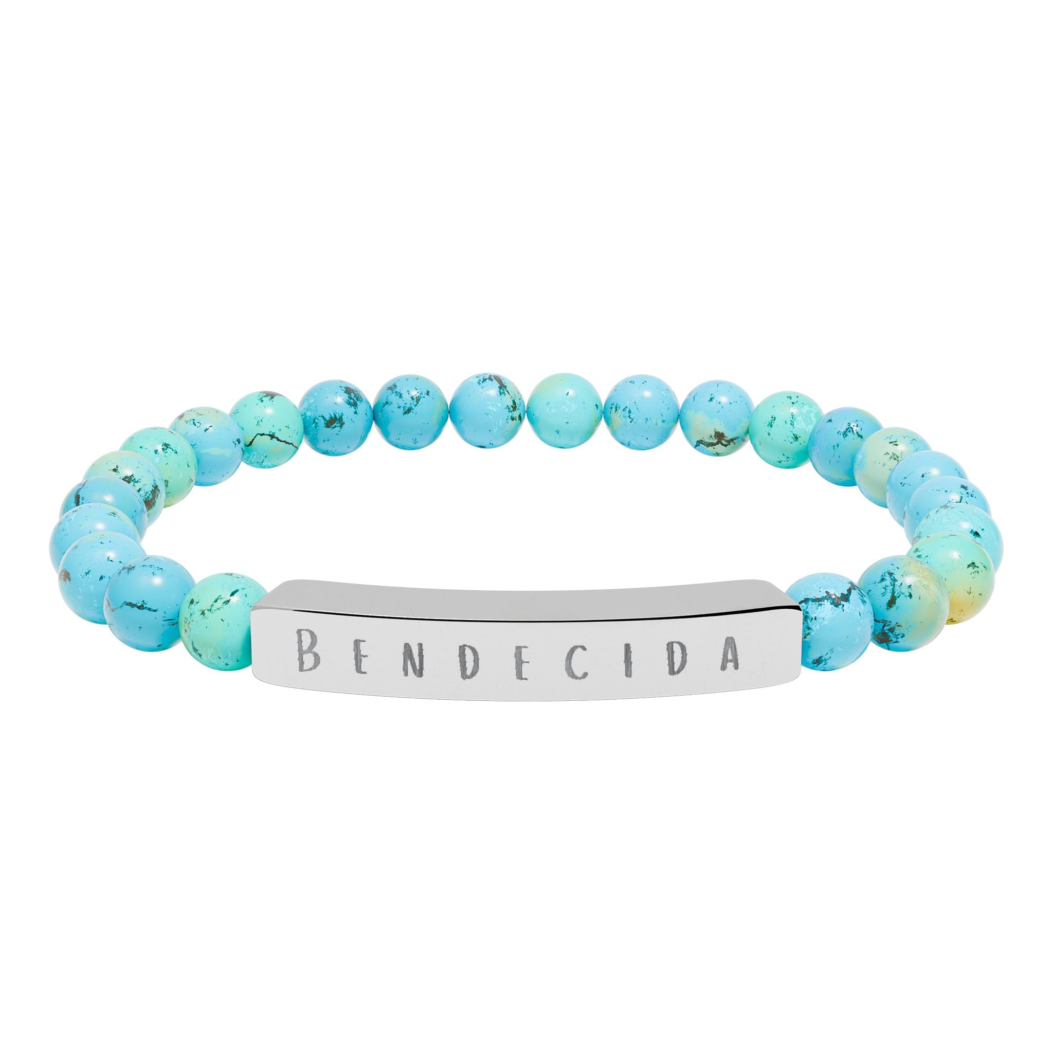 Bendecida (Blessed) Spanish Engraved Natural Stone Stretch Bar Bracelet – Beaded Bracelet