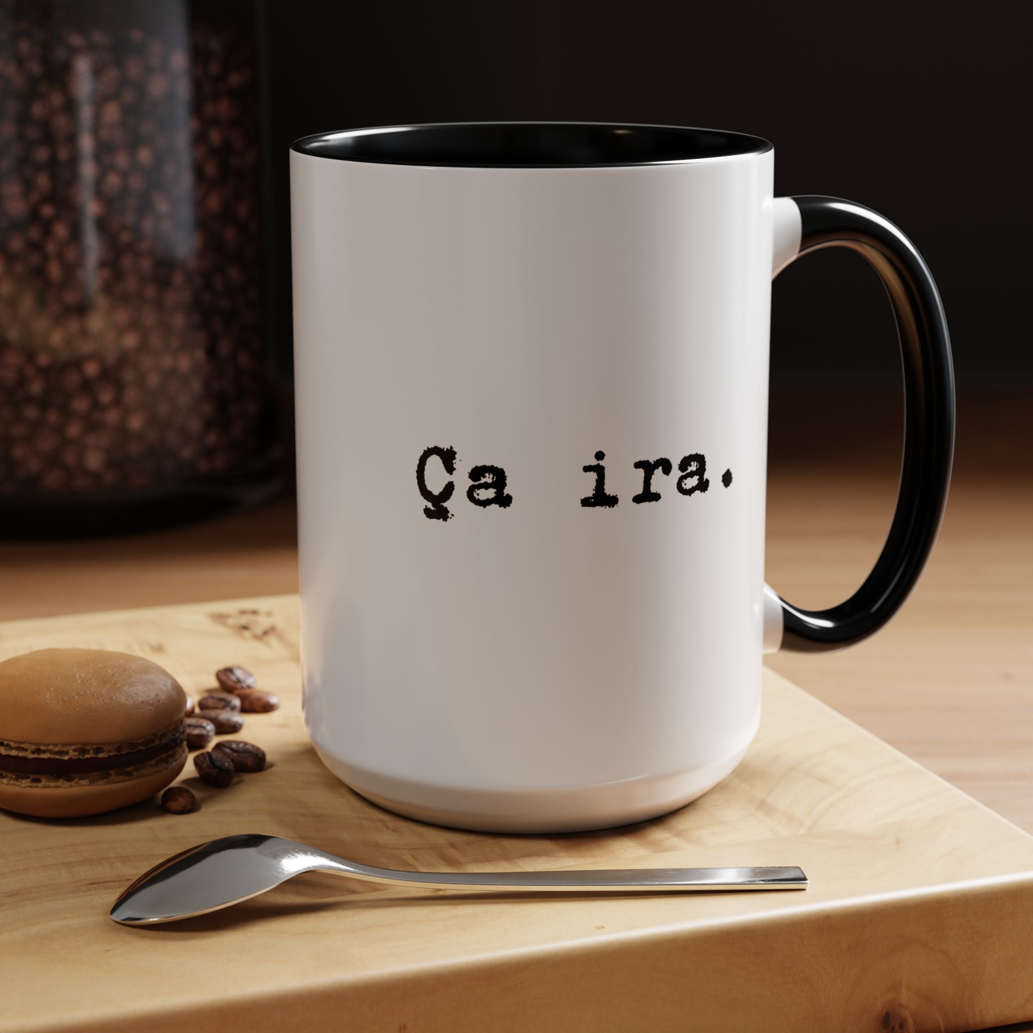 Ca ira Mug, French phrase, typewriter text, colorful accent handle