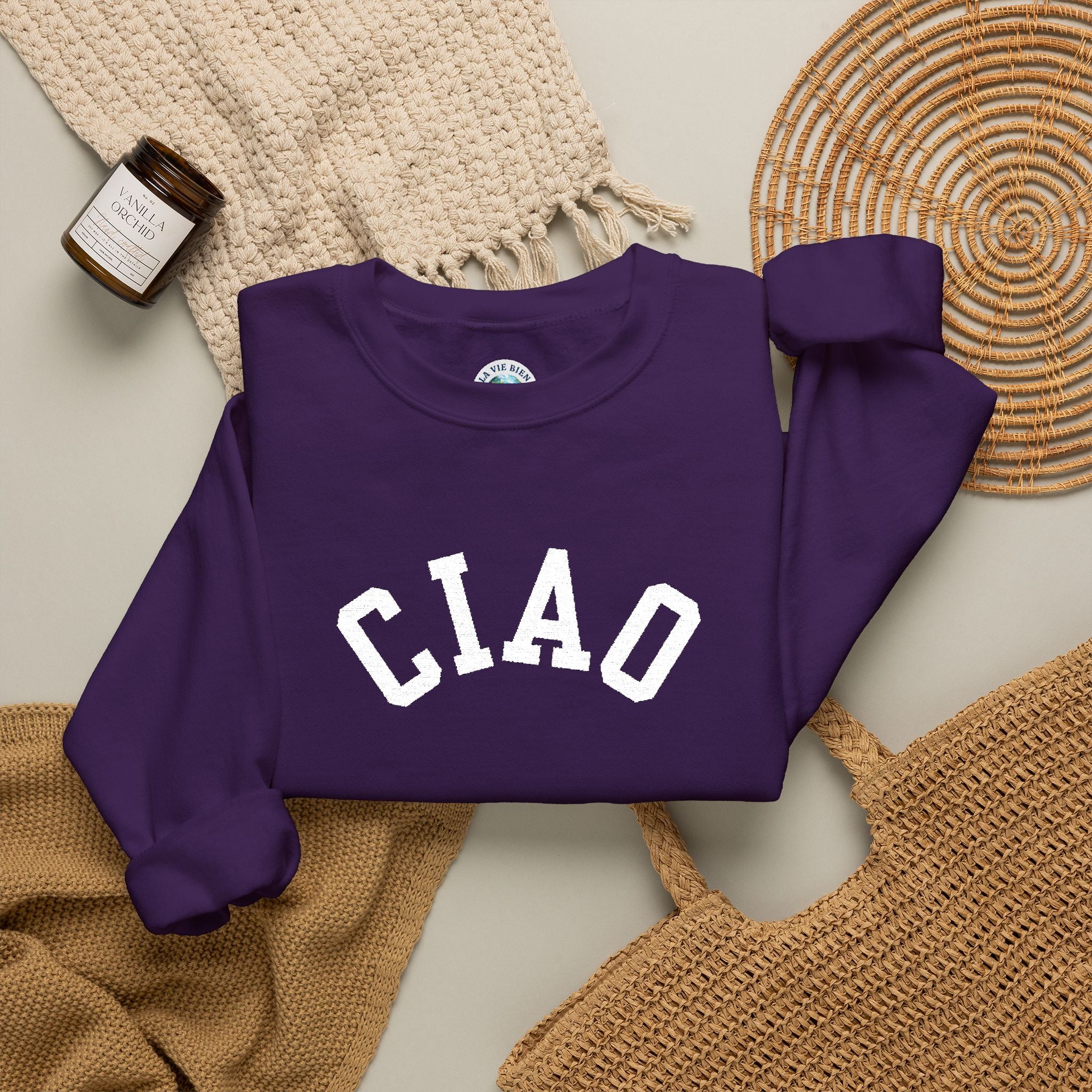 Ciao embroidered Italian Crewneck Sweatshirt, Italian Greeting Graphic Pullover
