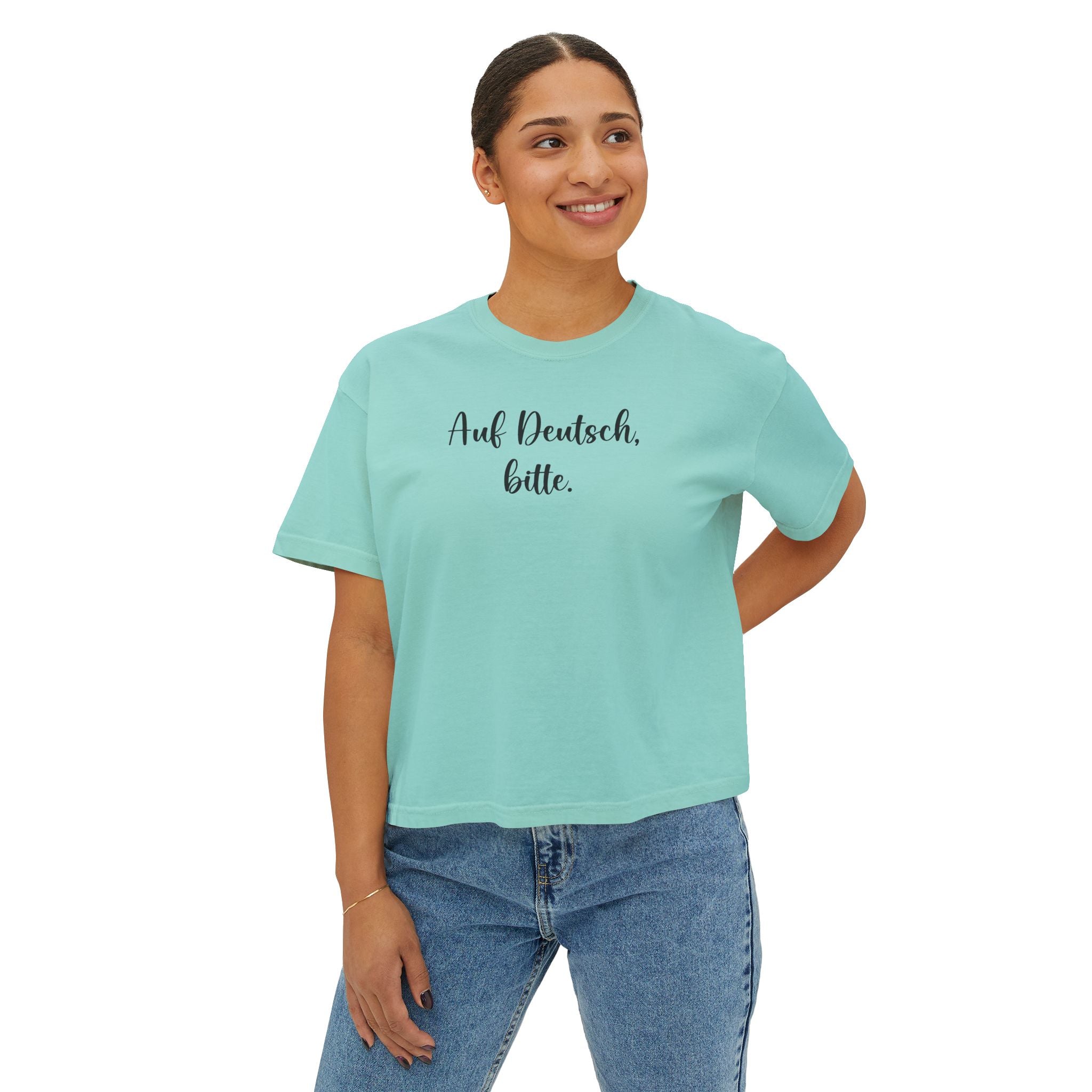 Auf Deutsch bitte Boxy Tee, German Phrase Shirt, Cropped White Tee