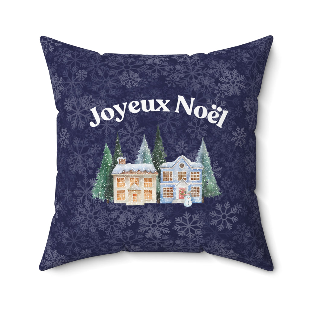Joyeux Noël dark blue Holiday Throw Pillow, Festive Winter Village Décor with snowflake print and cozy winter theme