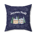Joyeux Noël dark blue Holiday Throw Pillow, Festive Winter Village Décor with snowflake print and cozy winter theme