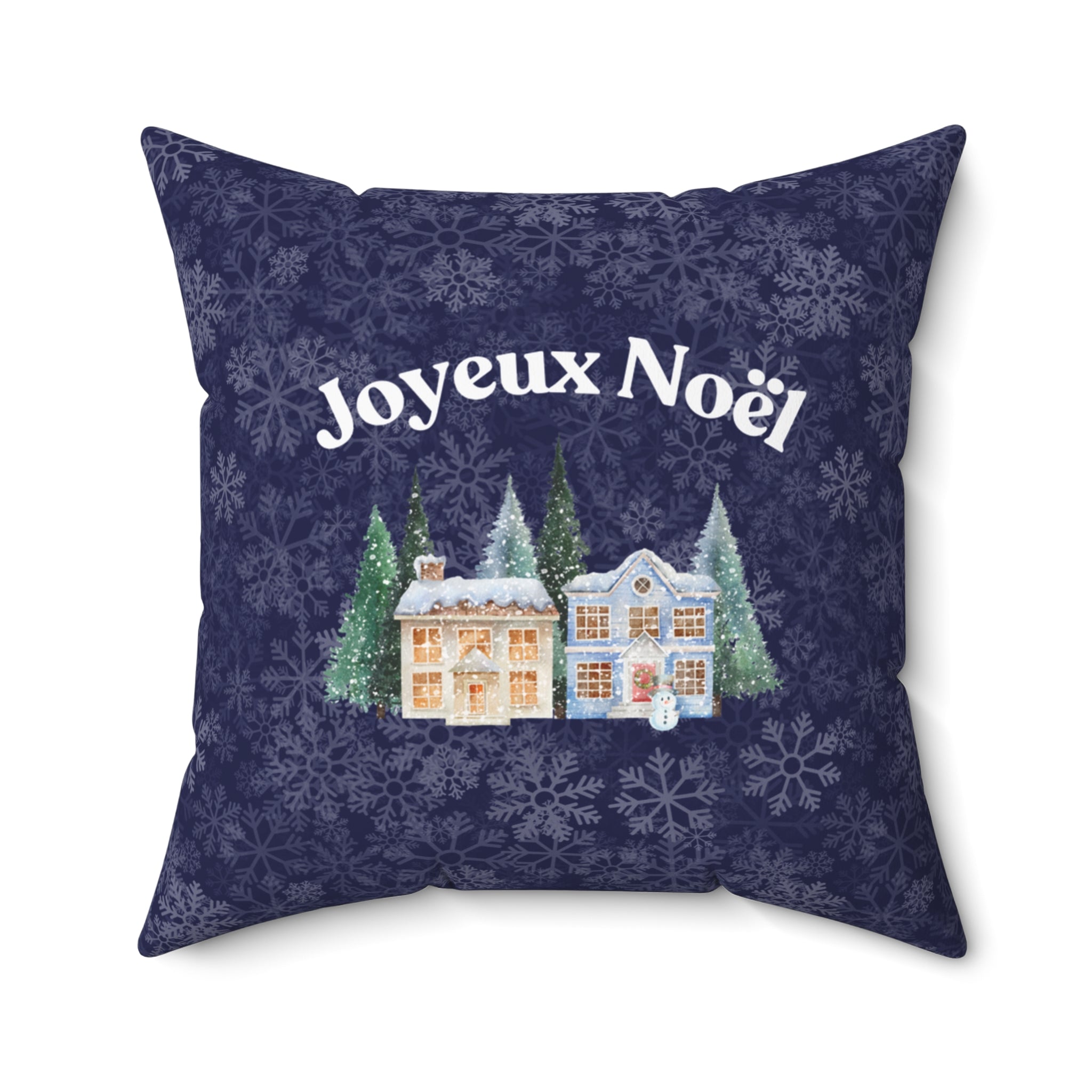Joyeux Noël dark blue Holiday Throw Pillow, Festive Winter Village Décor with snowflake print and cozy winter theme