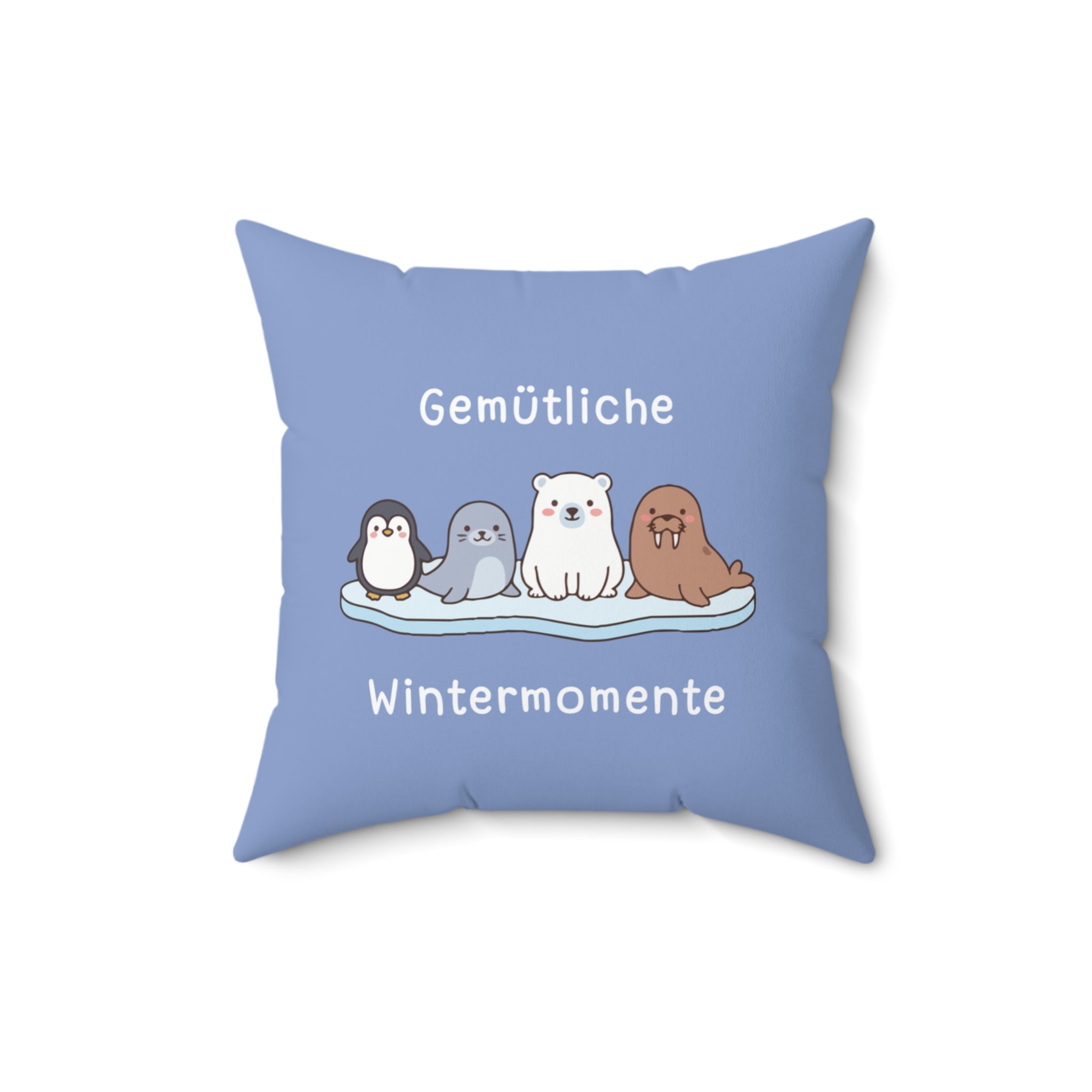 Gemütliche Wintermomente German winter blue themed square pillow, Cozy Winter Animals Pillow