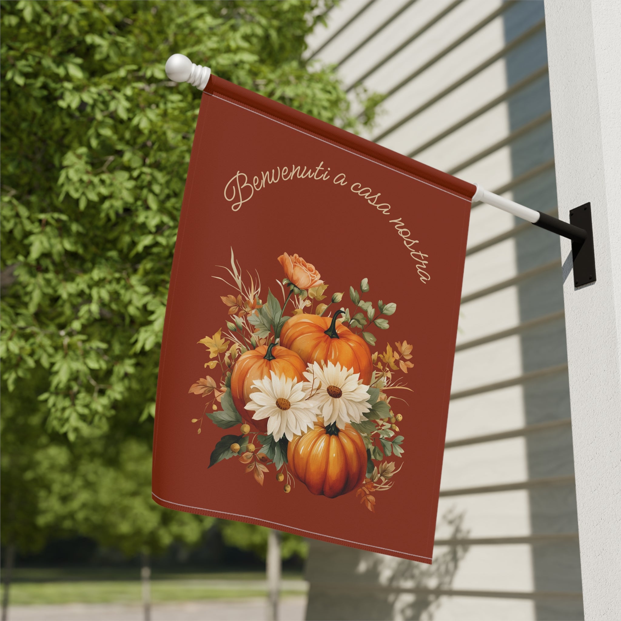 Italian Autumn Pumpkin Bouquet Garden Flag - "Benvenuti a casa nostra" Fall Welcome Banner