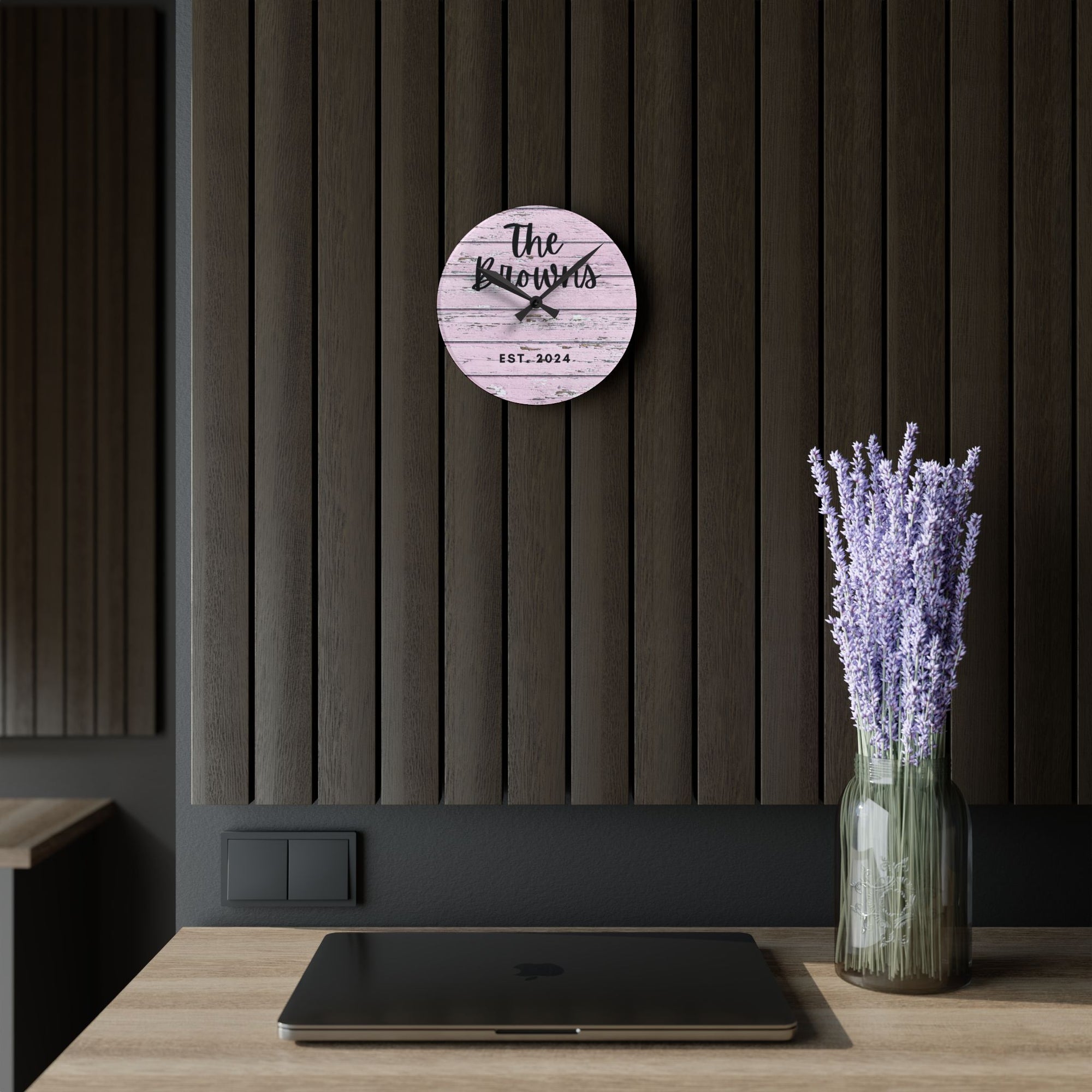 Custom pink rustic Acrylic Wall Clock, Personalized family name