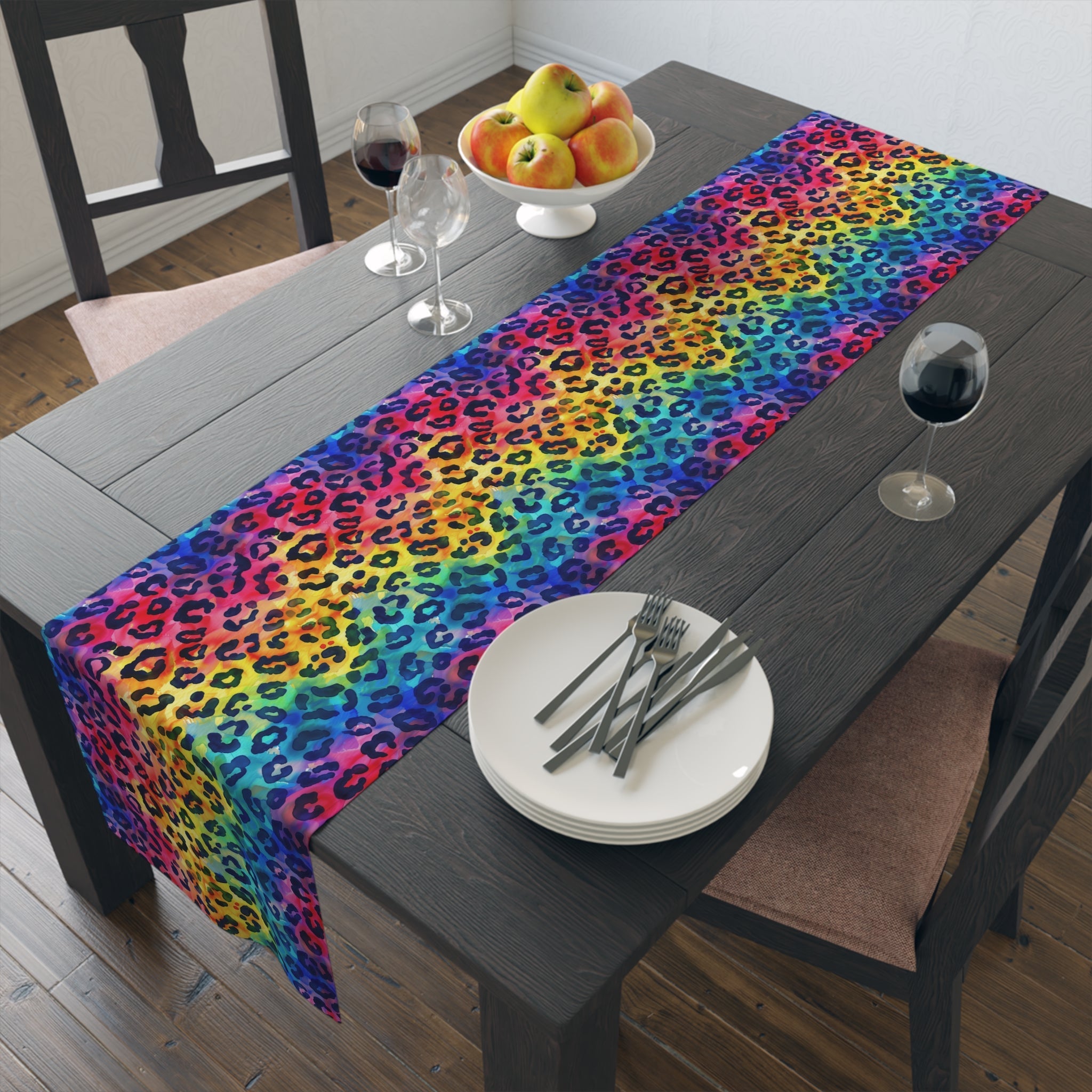 Bespattered Facade Rainbow Watercolor Leopard Table Runner (2 sizes)