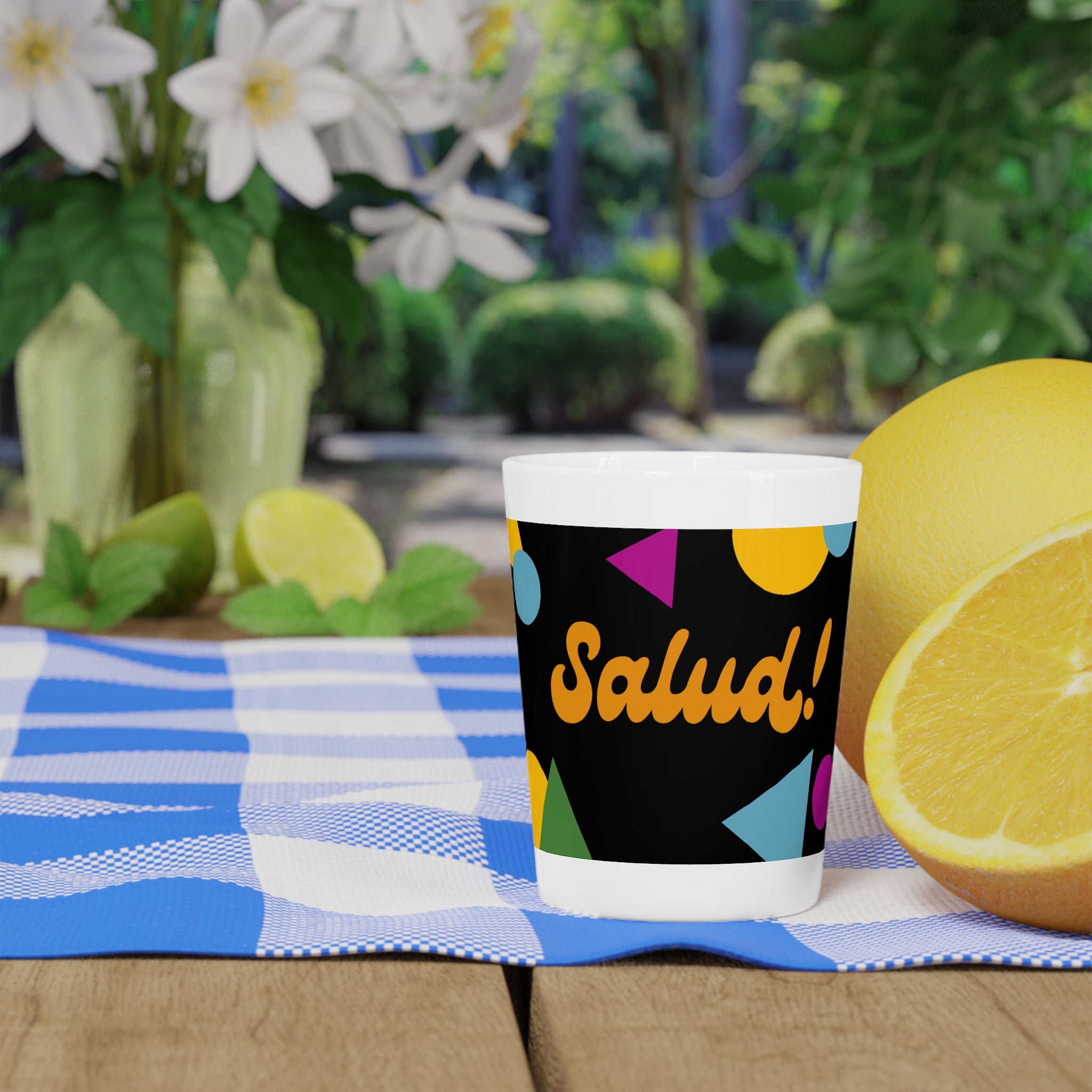 Salud! Confetti Pattern Shot Glass | Colorful Fiesta Party Drinkware