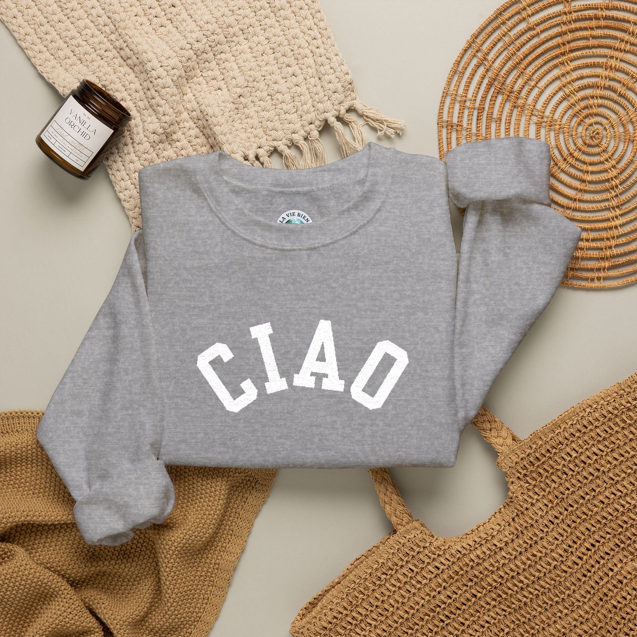 Ciao embroidered Italian Crewneck Sweatshirt, Italian Greeting Graphic Pullover