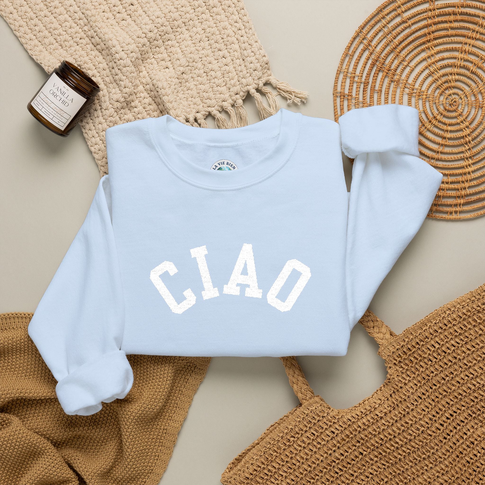 Ciao embroidered Italian Crewneck Sweatshirt, Italian Greeting Graphic Pullover